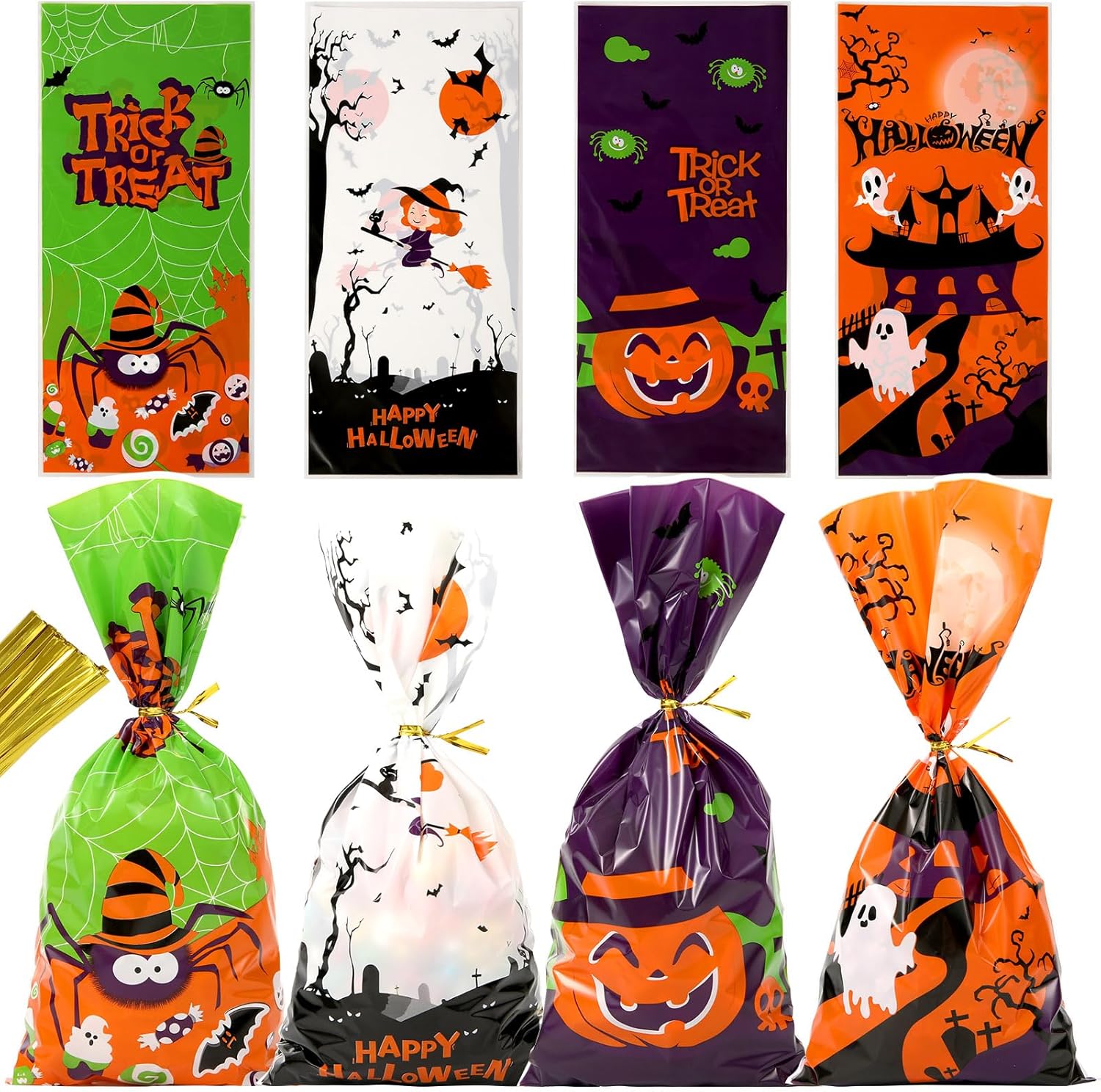 Torebki na słodycze na Halloween – opakowanie 50 sztuk, 12,5 x 27,5 cm, celofanowe torebki na słodycze z zapięciem skręcanym
