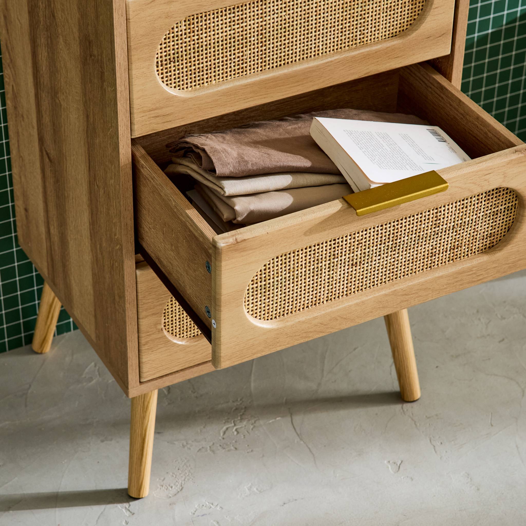 Commode chiffonnier effet bois et cannage 4 tiroirs naturel. poignée en métal doré - L 48 x P 39.5 x H 96 cm - Eva EVA - 5