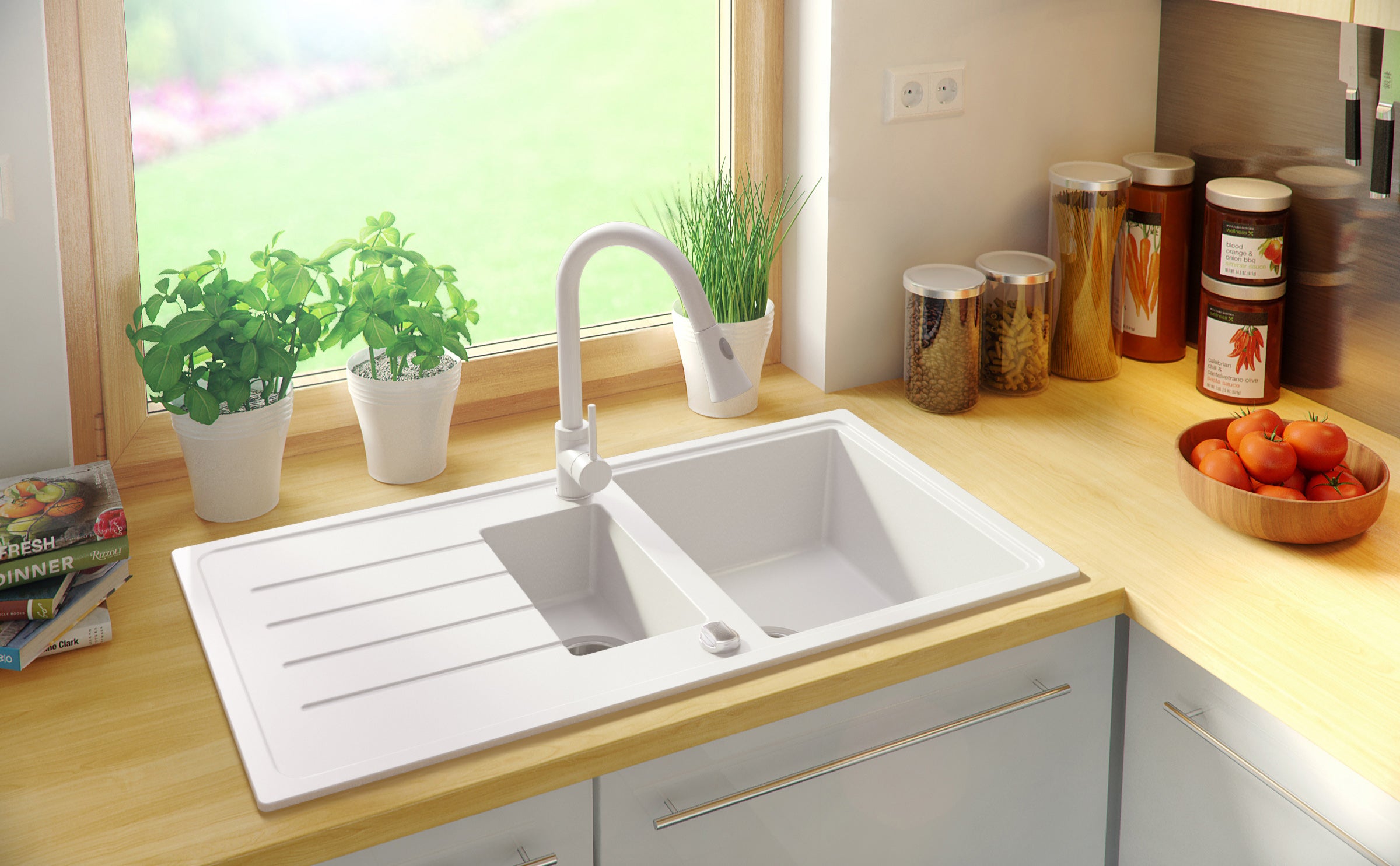 Lava-louça de pousar Branco 90x50cm, Pia de Cozinha 1,5 cubas + Kit de drenagem, Pia em Granito em armários de 60cm - Londres PRIMAGRAN - 8