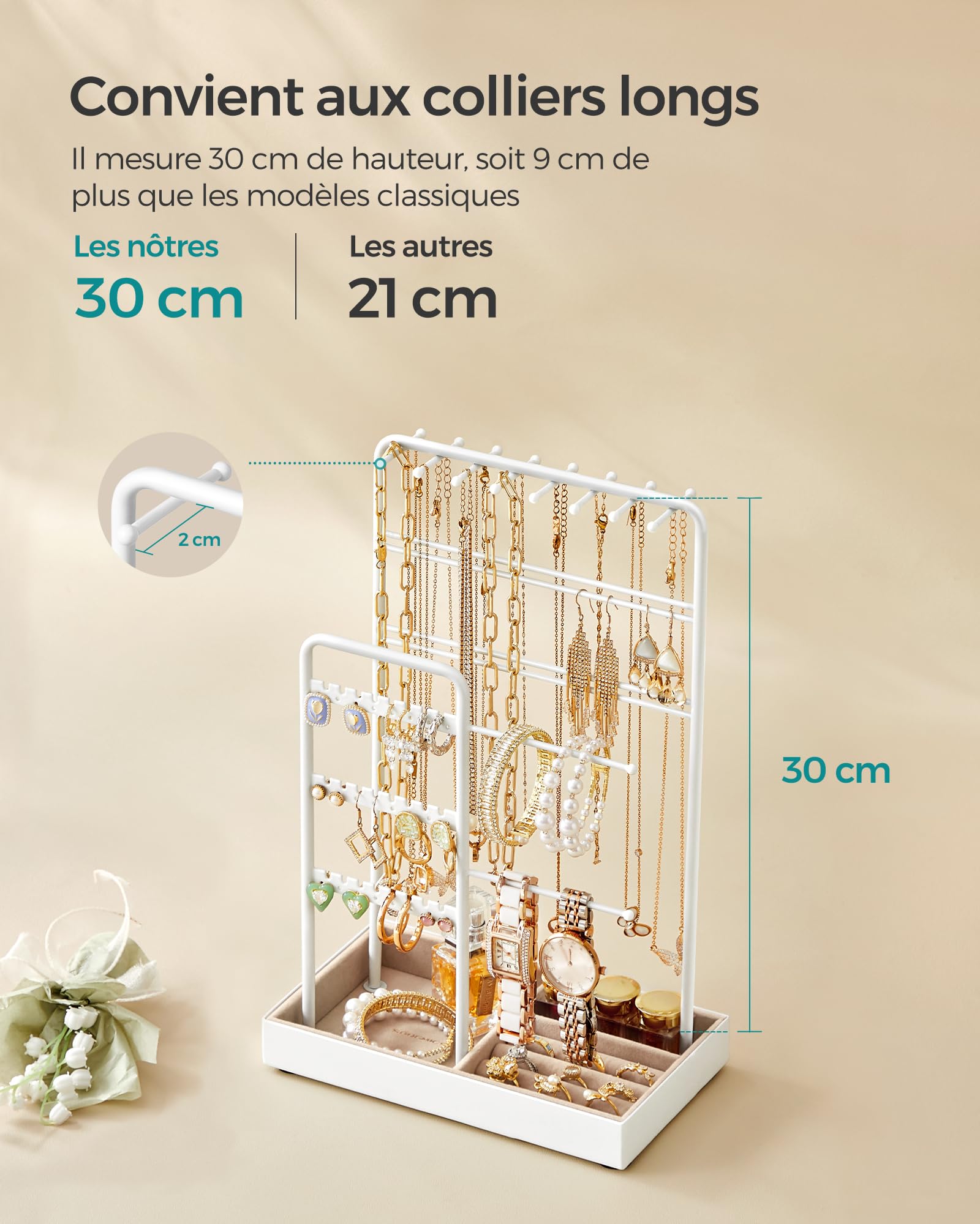 Porte-bijoux,Support à Bijoux,Organisateur de Bijoux,Présentoir Accessoires,en Métal,Plateau en Velours,pour Colliers,Boucles d’Oreilles,Blanc - 7