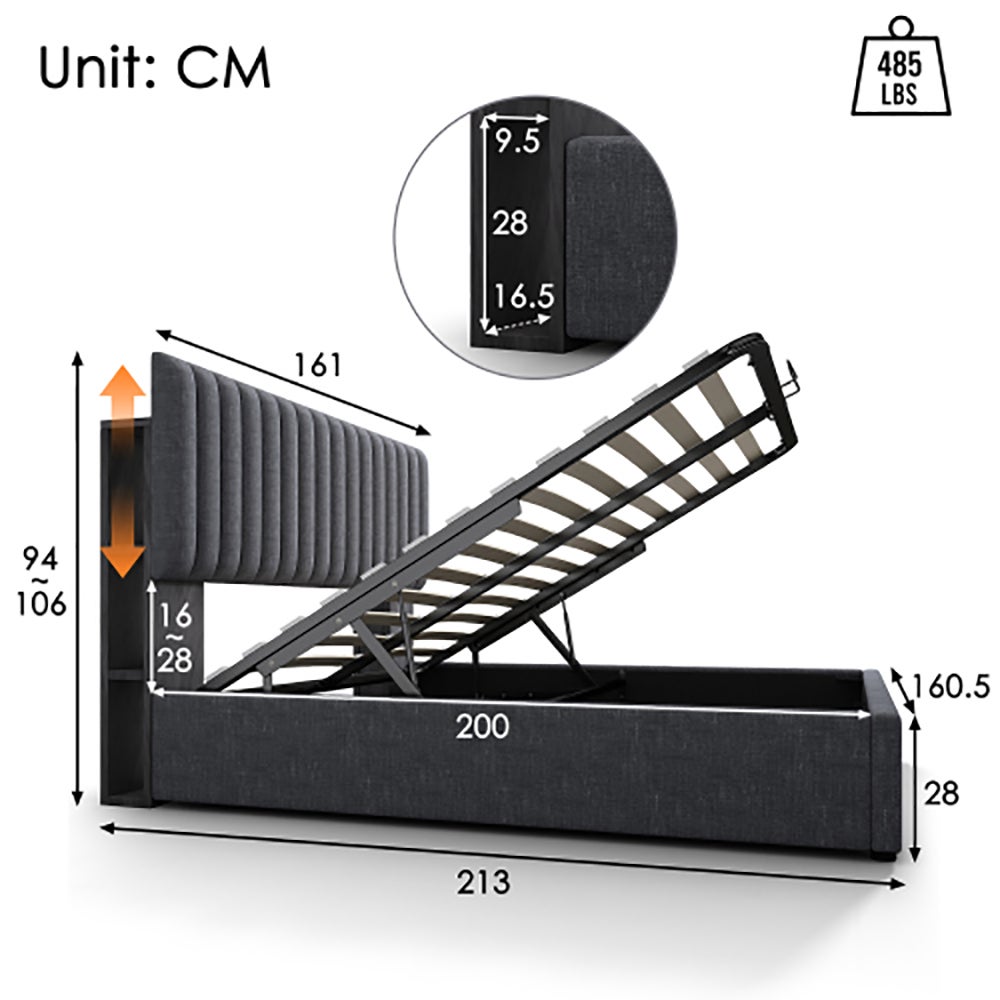 Lit adulte Lit coffre avec espace de rangement lit double LED tête de lit réglable sommier à lattes 160x200 cm gris avec matelas - 4