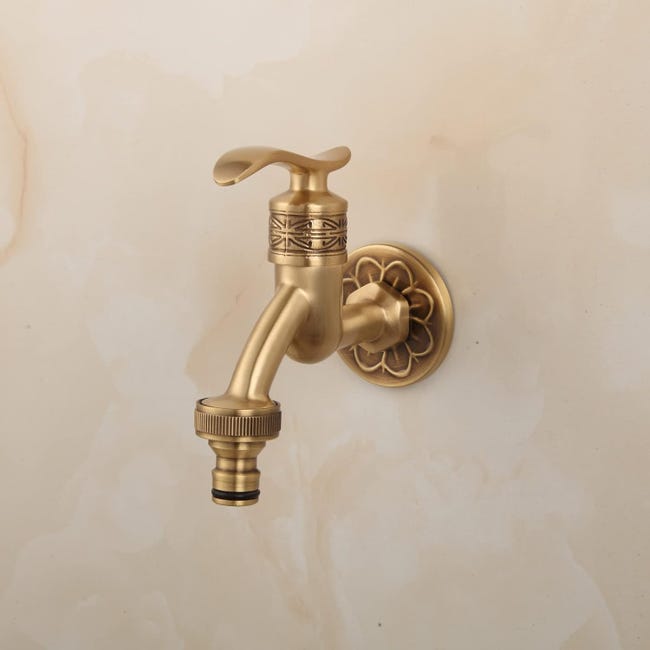 Rubinetto In Rame Stile Retrò A Doppia Uscita Per Lavatrice E Piscina - Attacco G1/2 - Finitura Anticata, Colore Oro
