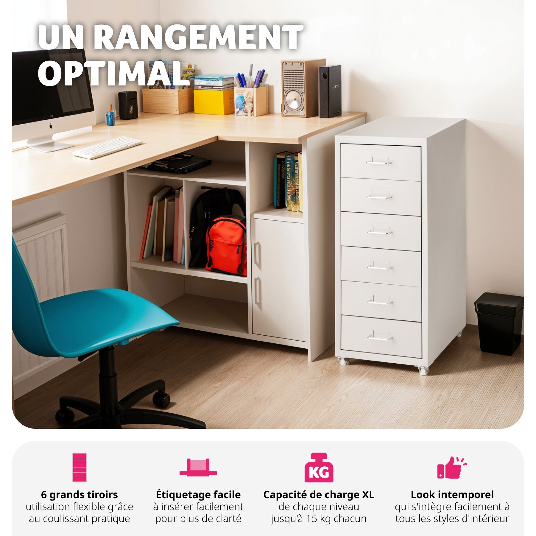 Caisson de bureau roulant en métal 41x28x69cm en acier TECTAKE - 3