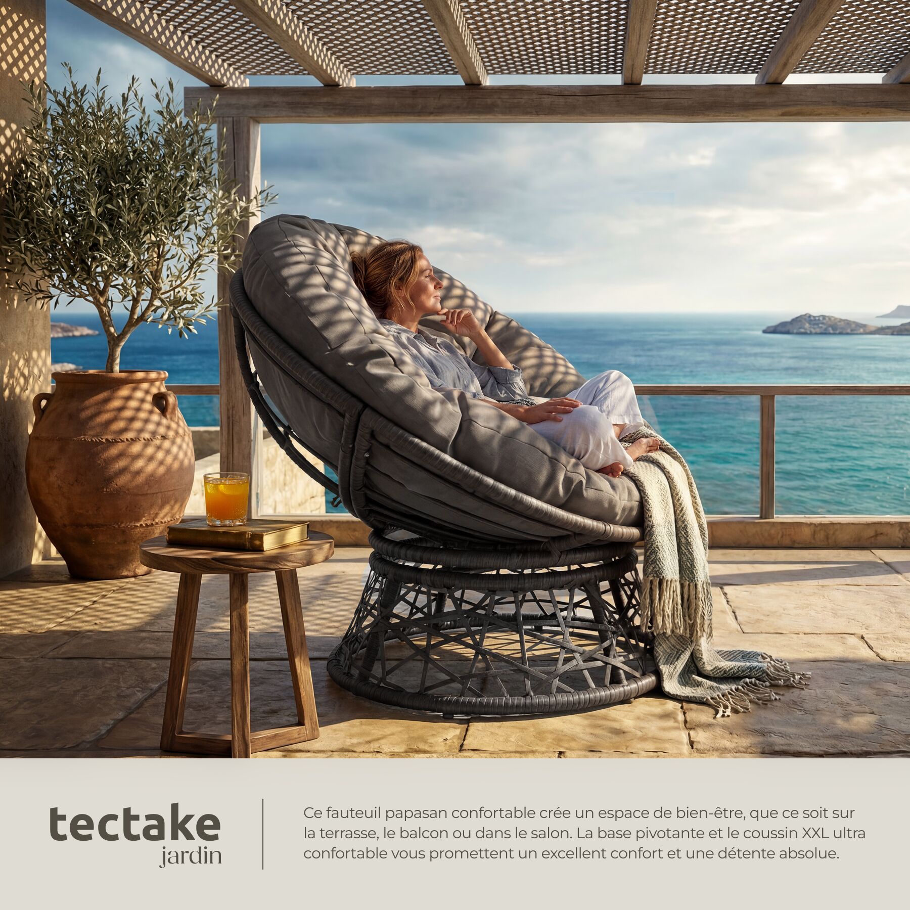 Fauteuil papasan rotin en résine tressée et acier rotatif avec coussin rond et confortable TECTAKE - 4