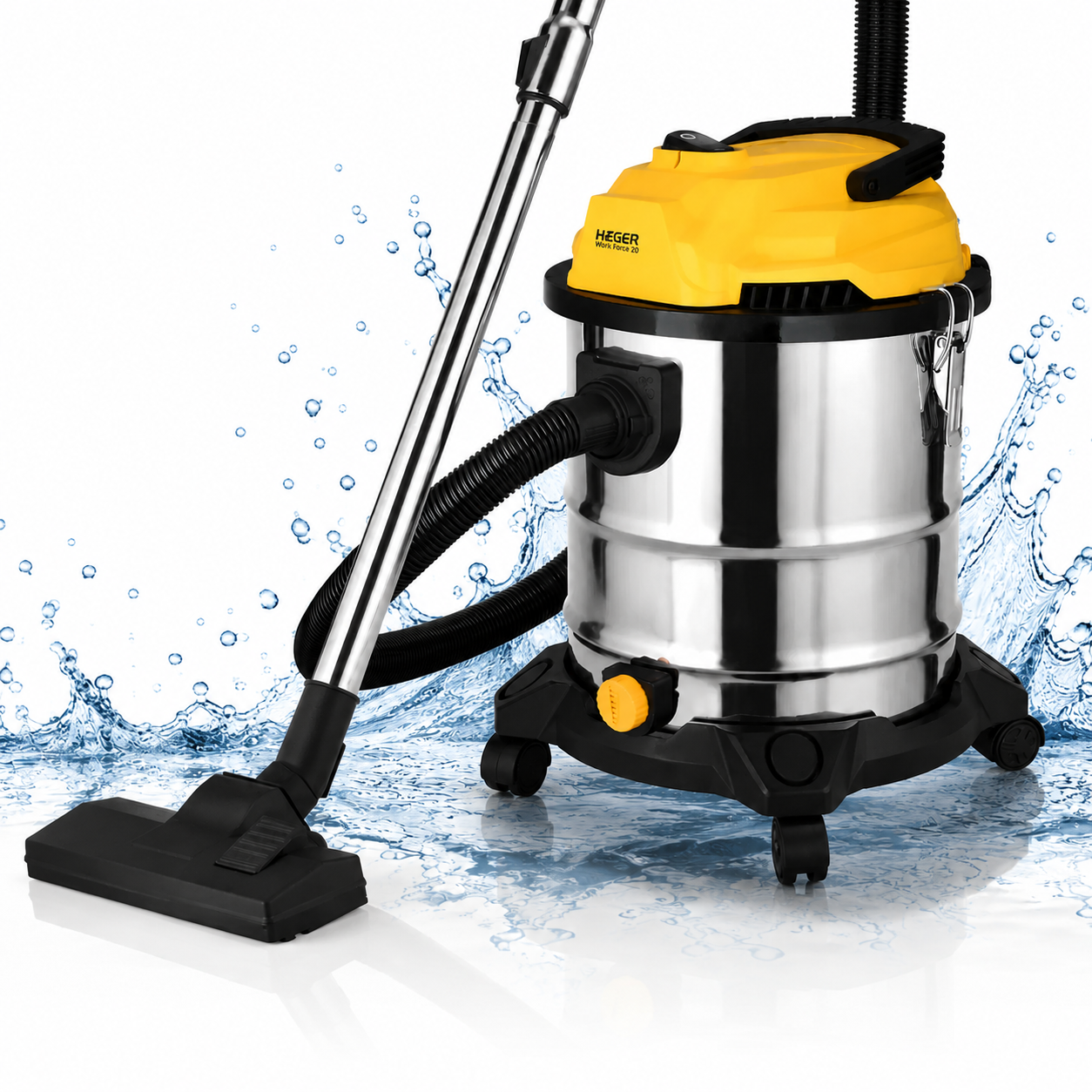 Aspirator umed-uscat HAEGER WORK FORCE 20, 1200W, capacitate 20L, golire rezervor si suflare aer, filtru lavabil, Galben