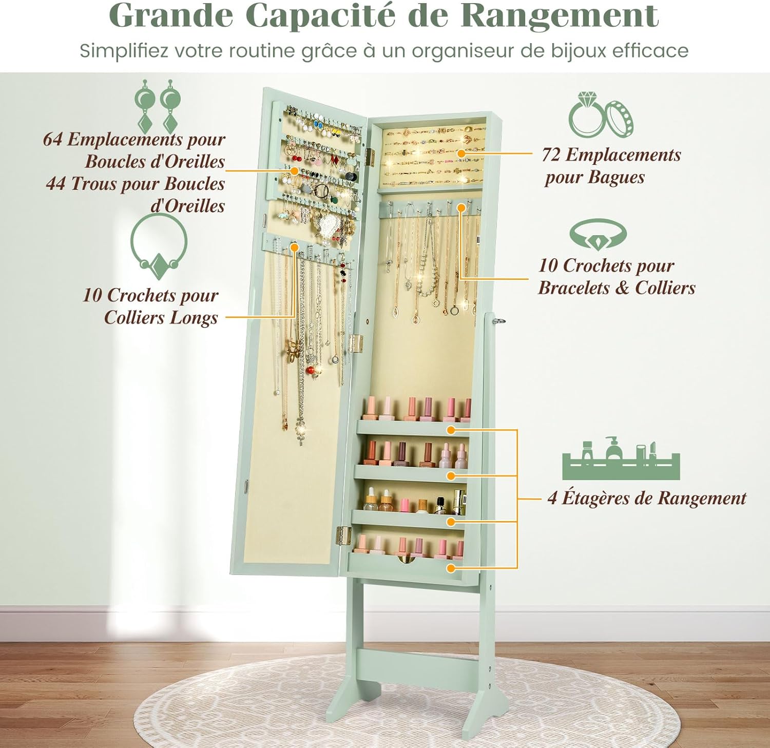 Armoire à Bijoux sur Pied avec Miroir Inclinable en 3 Positions, Armoire de Rangement Cosmétiques de Grande Capacité avec 4 Étagères(Vert) - 6