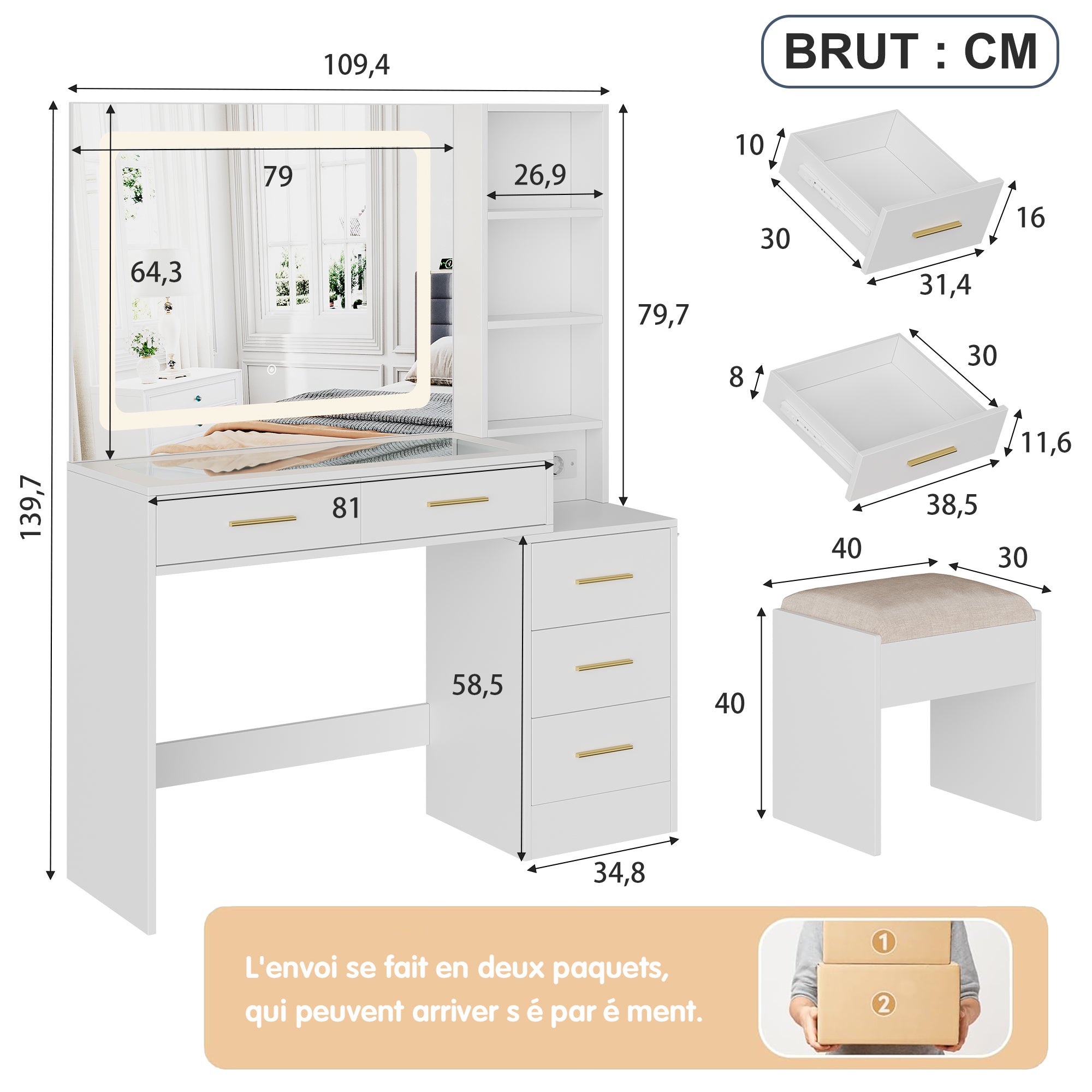 Coiffeuse, grand miroir de maquillage LED multicolore, station de recharge, tabouret inclus, 5 tiroirs avec poignées, étagères réglables - blanche - 7
