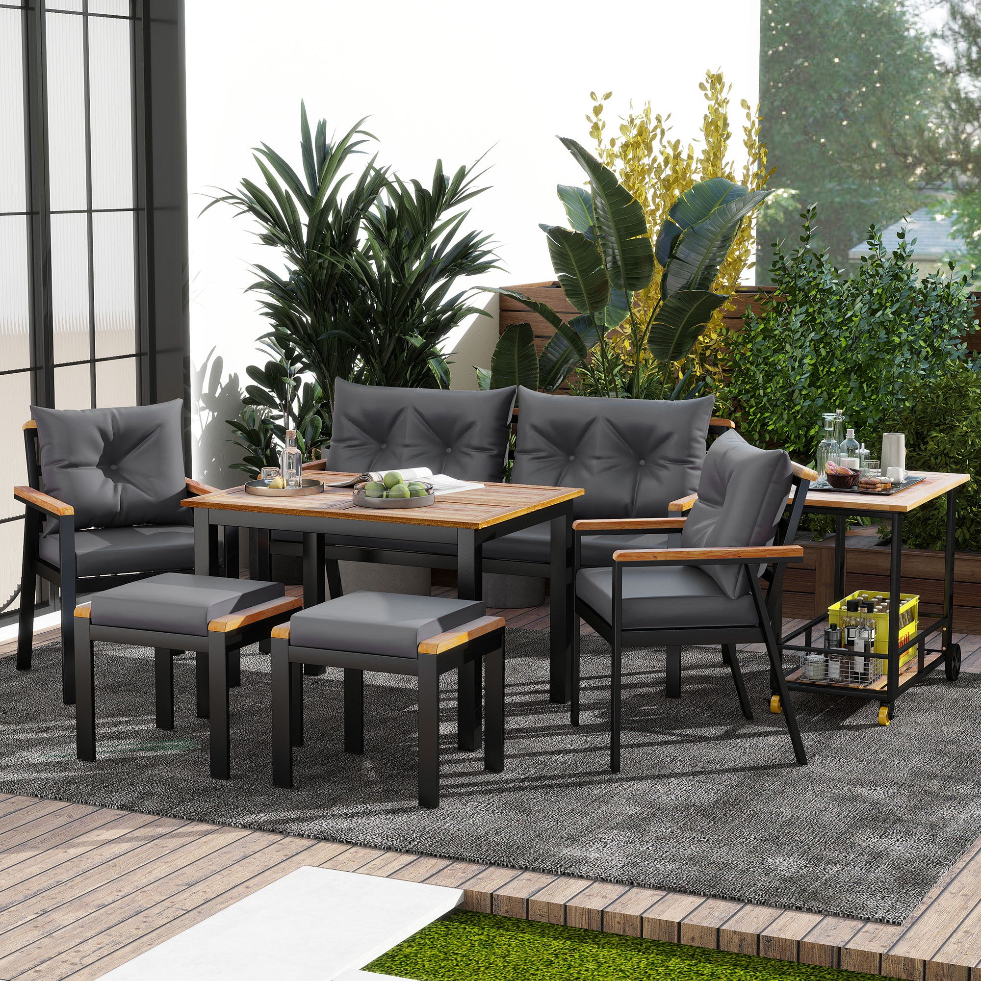Sweeek Salon De Jardin 4 Places Bois Acacia Avec Coussins Kaki - Canapé Fauteuils Et Table Basse