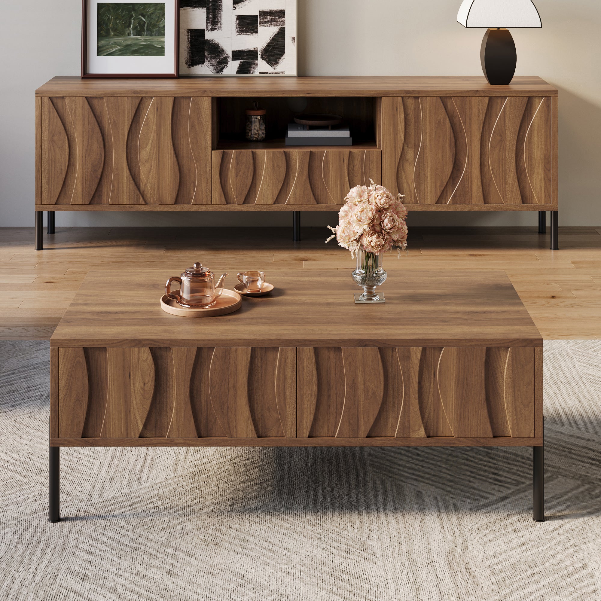 Zestaw stolika kawowego i szafki RTV - 160 x 35 x 46 cm + 105 x 55 x 41 cm - Drzwi z falistym wzorem - Płyta MDF - Naturalna - 6