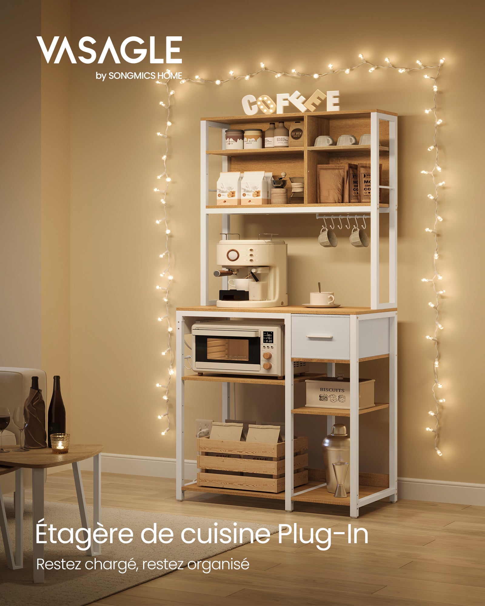 Étagère de Cuisine avec Multiprise, Bar à Café avec Étagères Réglables, 40 x 80 x 180,4 cm,Blanc - 2