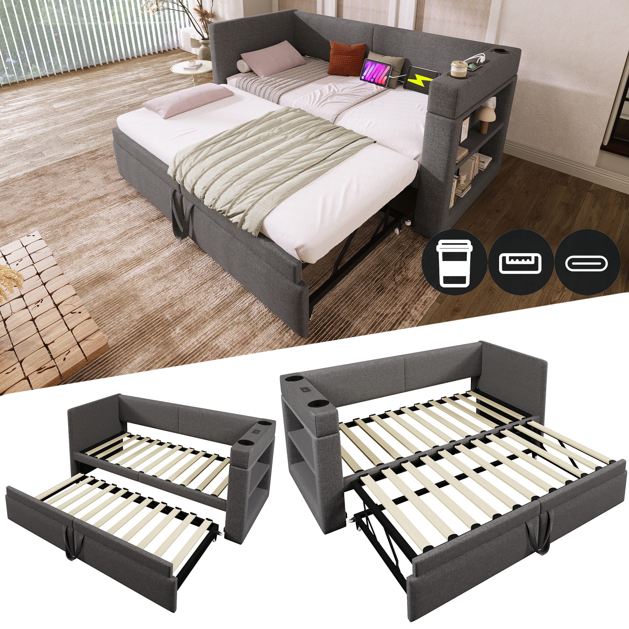 Canapé-lit 2 places méridienne, avec ports usb et porte-gobelets - velours côtelé - beige Canapé-lit 2 places méridienne, avec ports usb et porte-gobelets - velours côtelé - beige