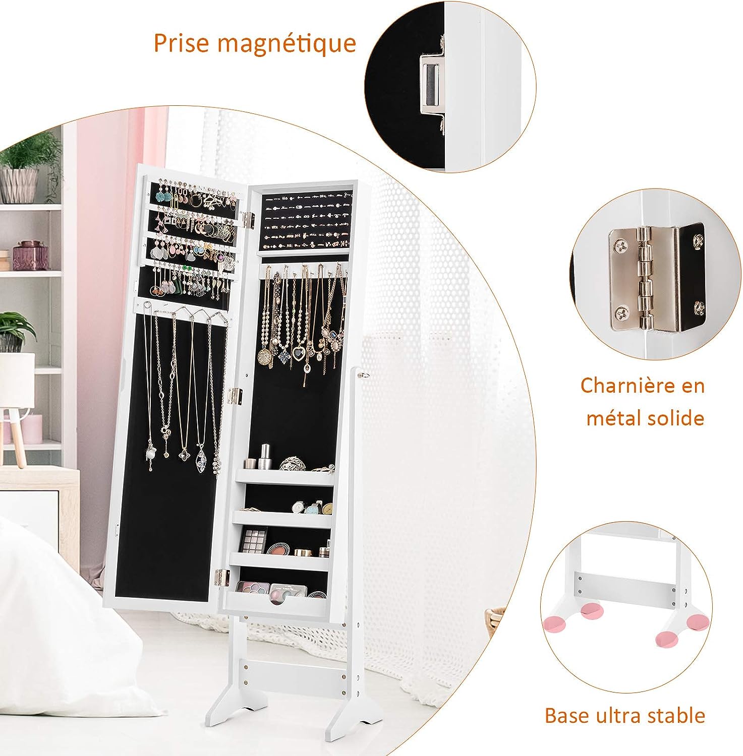 Armoire à bijoux sur Pied avec Miroir Psyché Coffre à Bijoux, Armoire de Rangement Cosmétiques,3 Positions Réglables, Blanc - 4