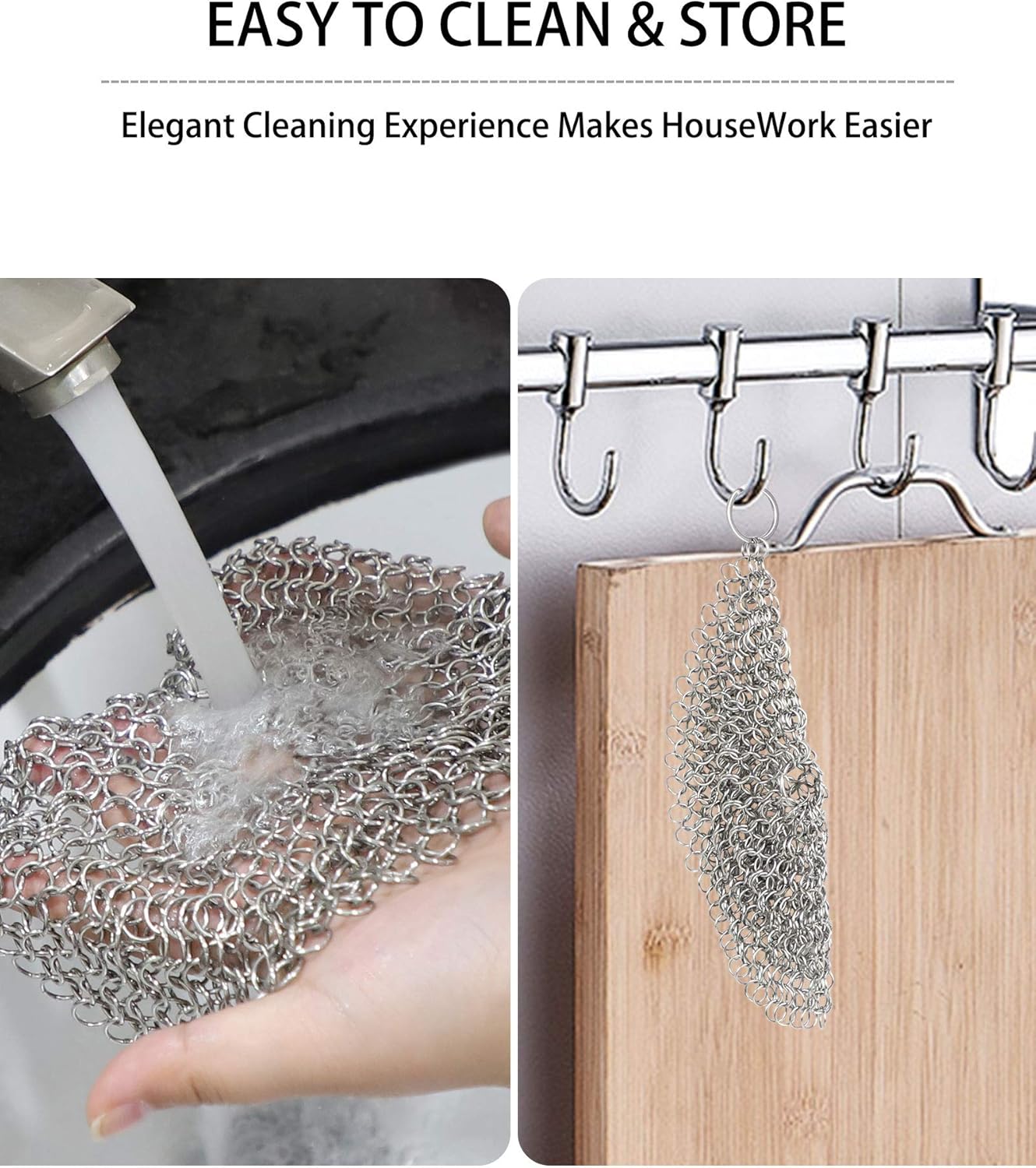 Lot de 2 éponges à récurer en cotte de mailles en acier inoxydable de qualité supérieure pour poêles en fonte, 7 et 5 pouces, rondes - 4