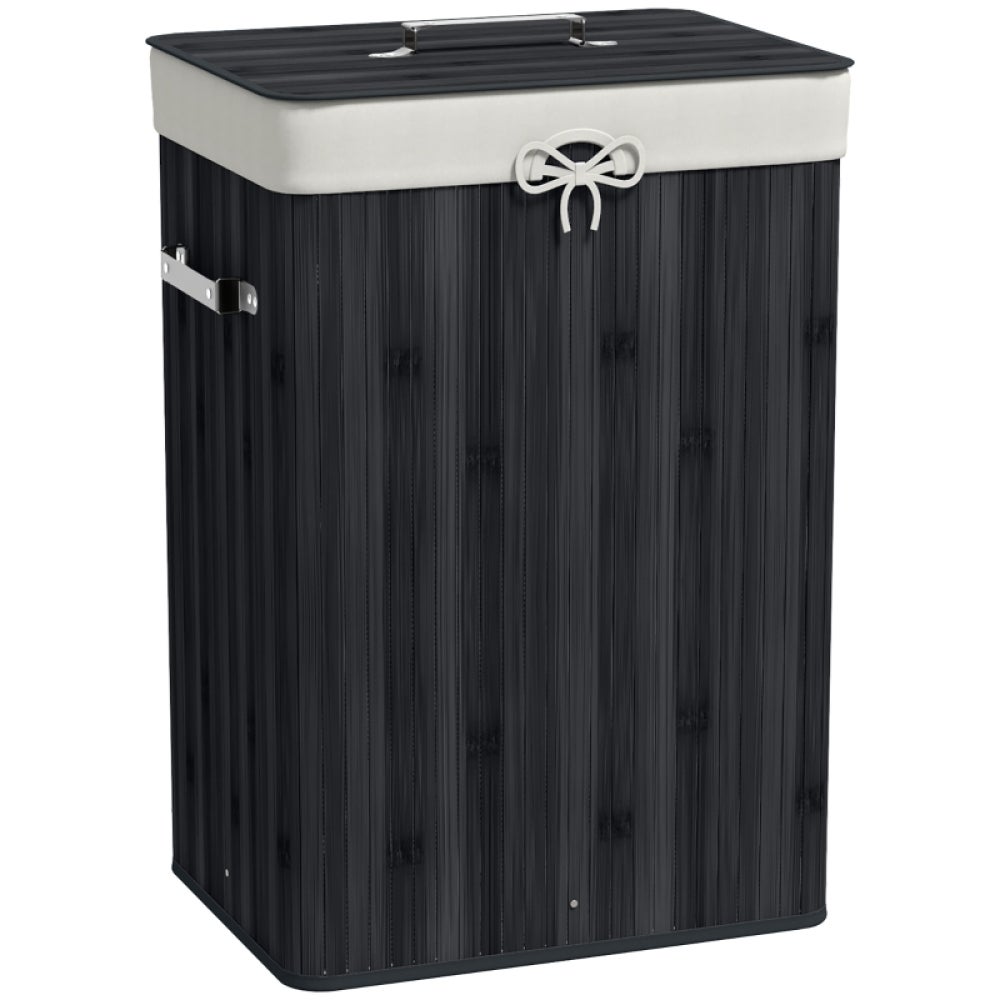Cesto de ropa sucia bambú negro 72l con tapa y bolsa de lona, organizador plegable 40x30x60 cm caja almacenaje ropa baño dormitorio