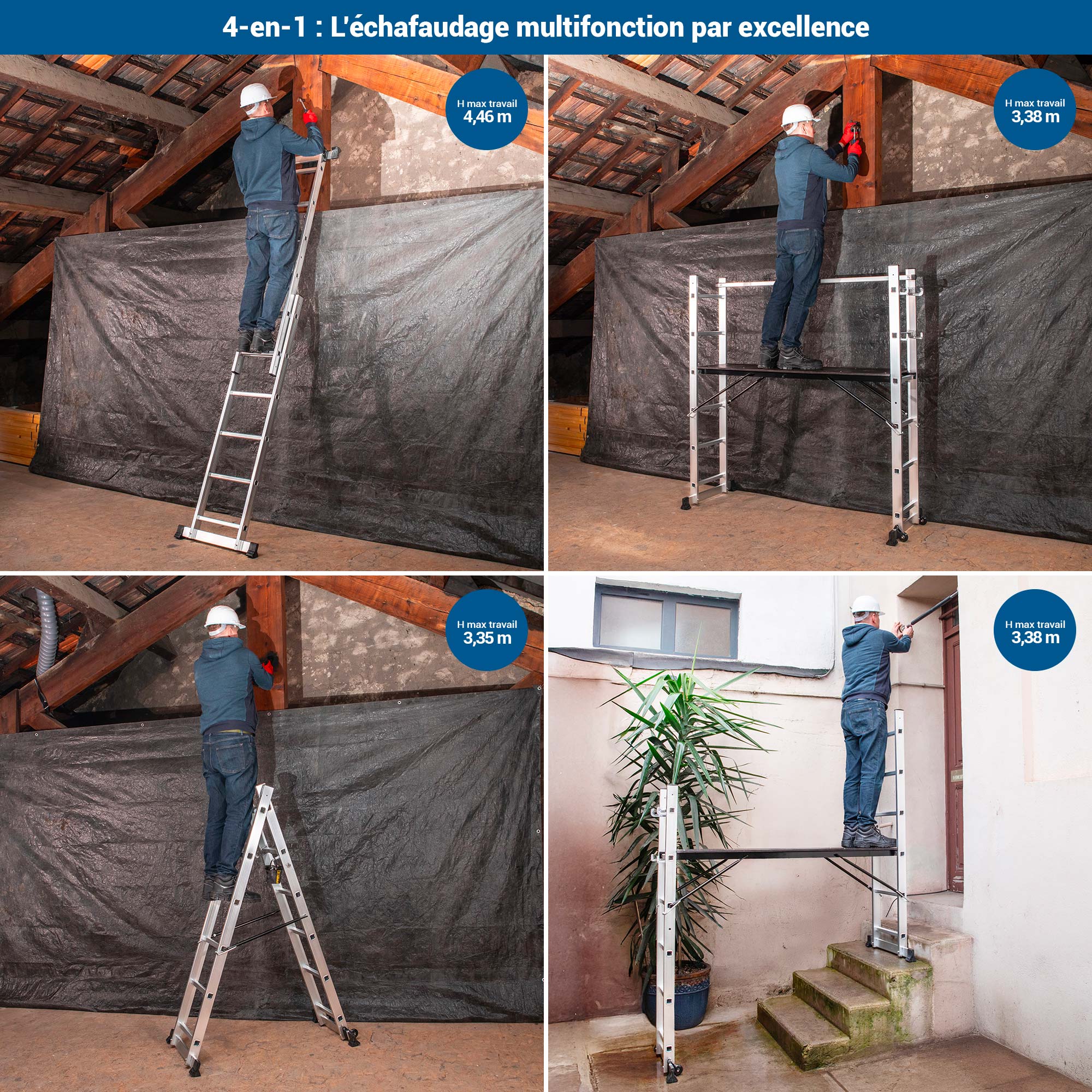 HOSTRÖM Echafaudage roulant SCAFFOLDAX2X6, échafaudage jardin et pliant multifonction 4 en 1, echelle 2 plans, H max Travail 4,46m, Garantie 5 ans - 2