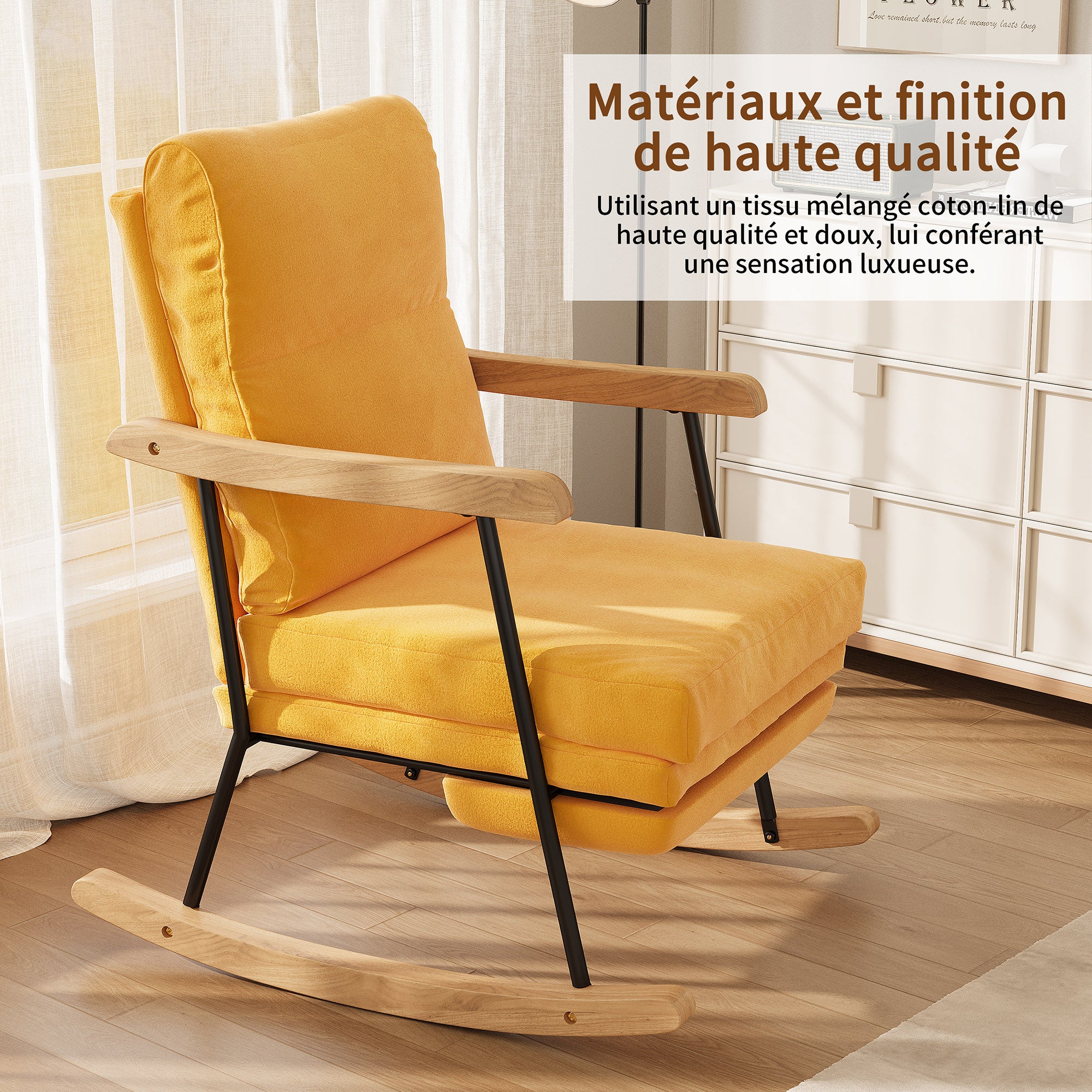 Fauteuil à Bascule, COZY, Symbiose entre Design Naturel et Confort Ergonomique, Fauteuil à bascule avec repose-pieds, Lin Jaune - 2
