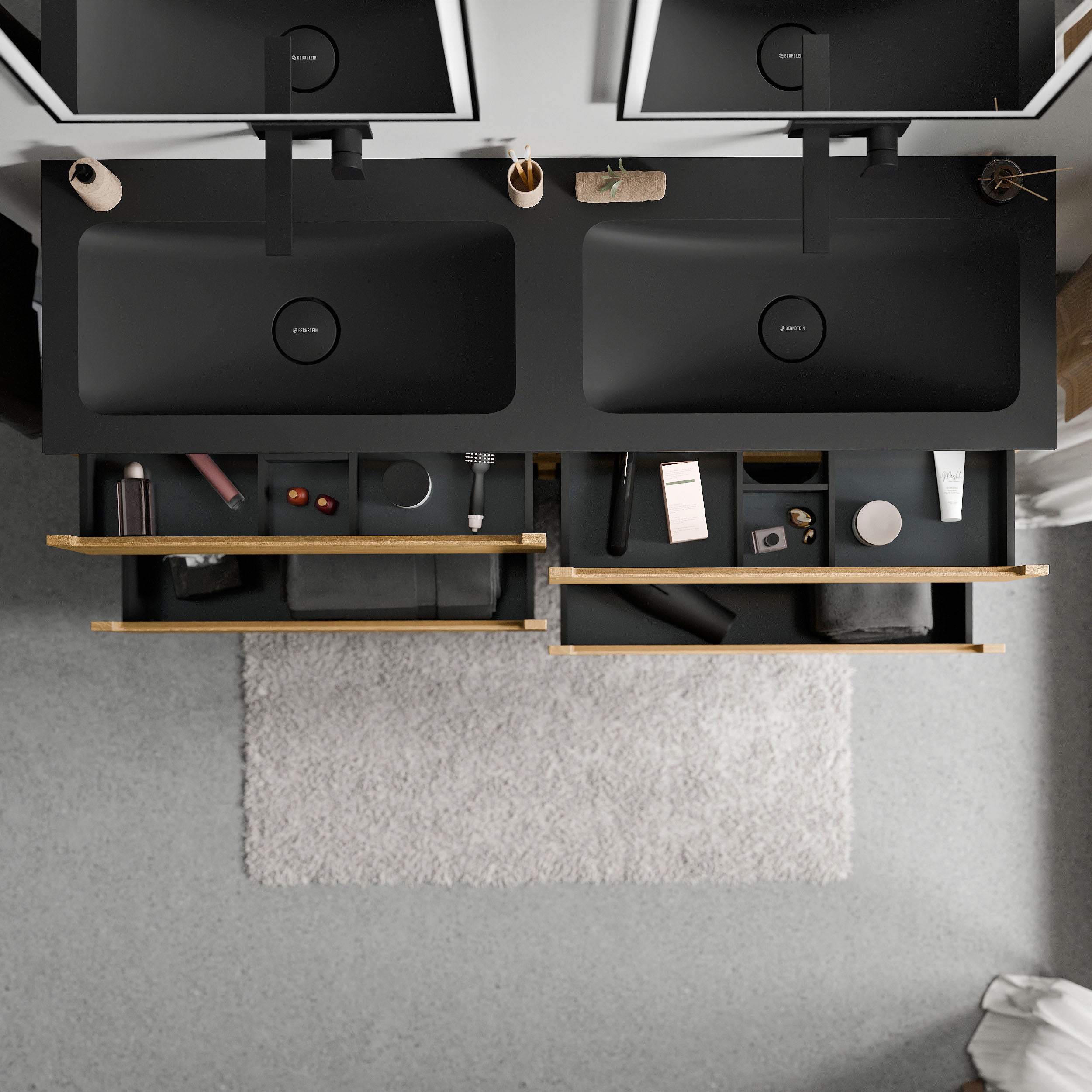 BERNSTEIN - Meuble double vasque suspendu MDF Chêne miel, lavabos fonte Noir mat sans trou robinet, tiroirs pivotants - 160x46x62cm - VIREO - 3