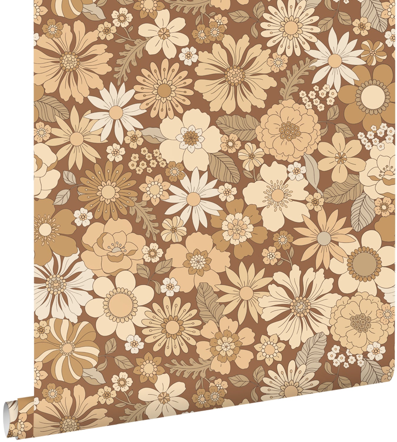 Tapeta retro kwiaty beżowymIbrązowym - 50 x 900 cm - ESTAHOME