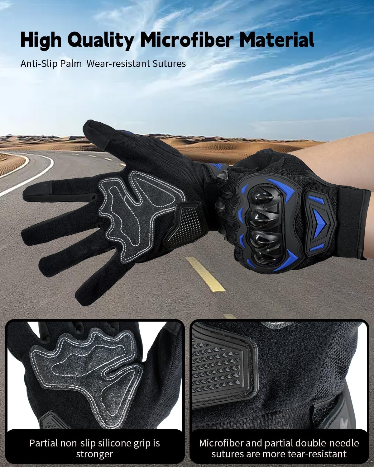 Gants de moto pour homme et femme - Respirants - Écran tactile - Gants de motocross - VTT - Pour la conduite, le cyclisme, la trottinette，XL,bleu - 4