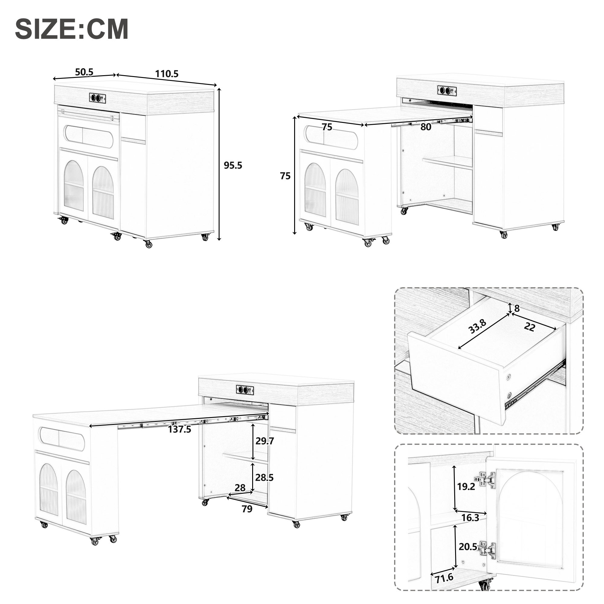 Îlot de cuisine mobile avec porte vitrée,Table de salle à manger extensible avec prise électrique et 1 tiroir,Blanc+Noyer,50.5-187.5×110.5×95.5cm - 3