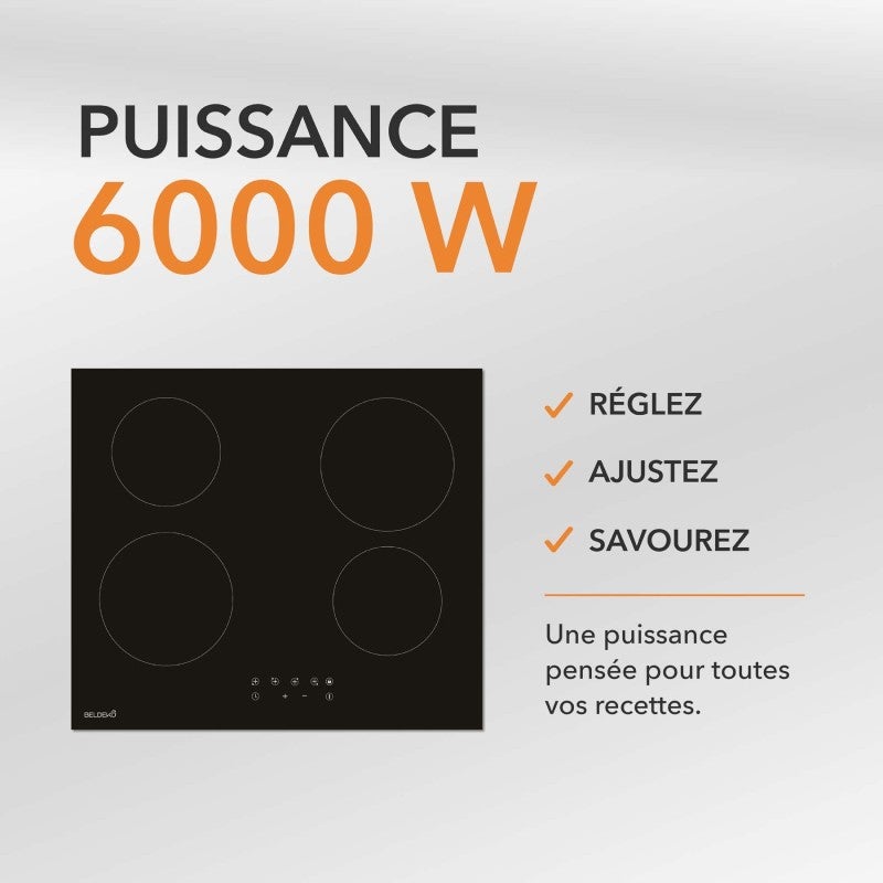 BELDEKO - Plaque Vitrocéramique 4 Feux, 6000W Vitrocéramique 4 Foyers, Plaque de Cuisson Vitrocéramique, Minuteur Multi-zones, - 7