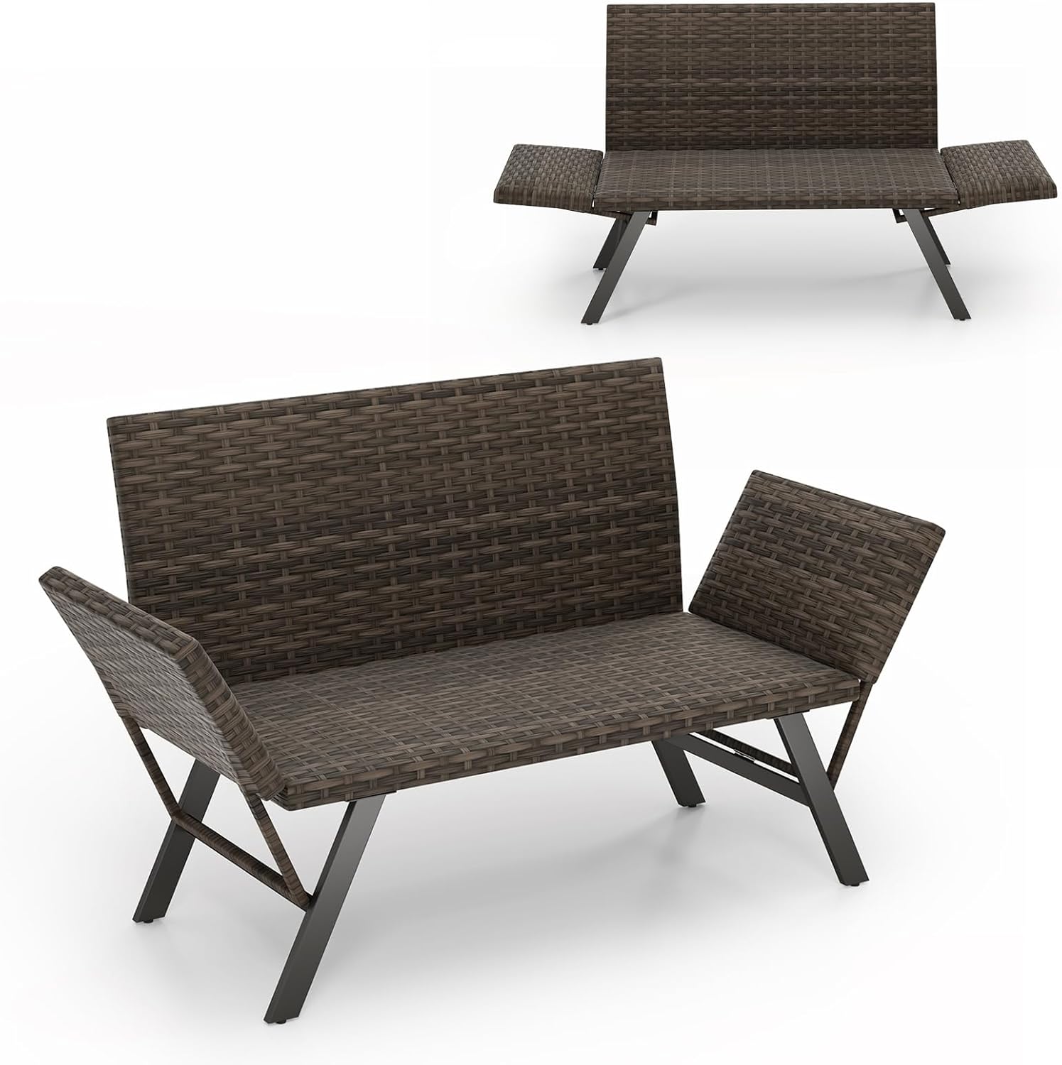 Ławka Ogrodowa i Łóżko 2 w 1 z Rattanu, Wygodna Wyściółka z Pianki, Metalowa Rama, do Ogrodu, Tarasu, na Zewnątrz, Nośność 300 kg