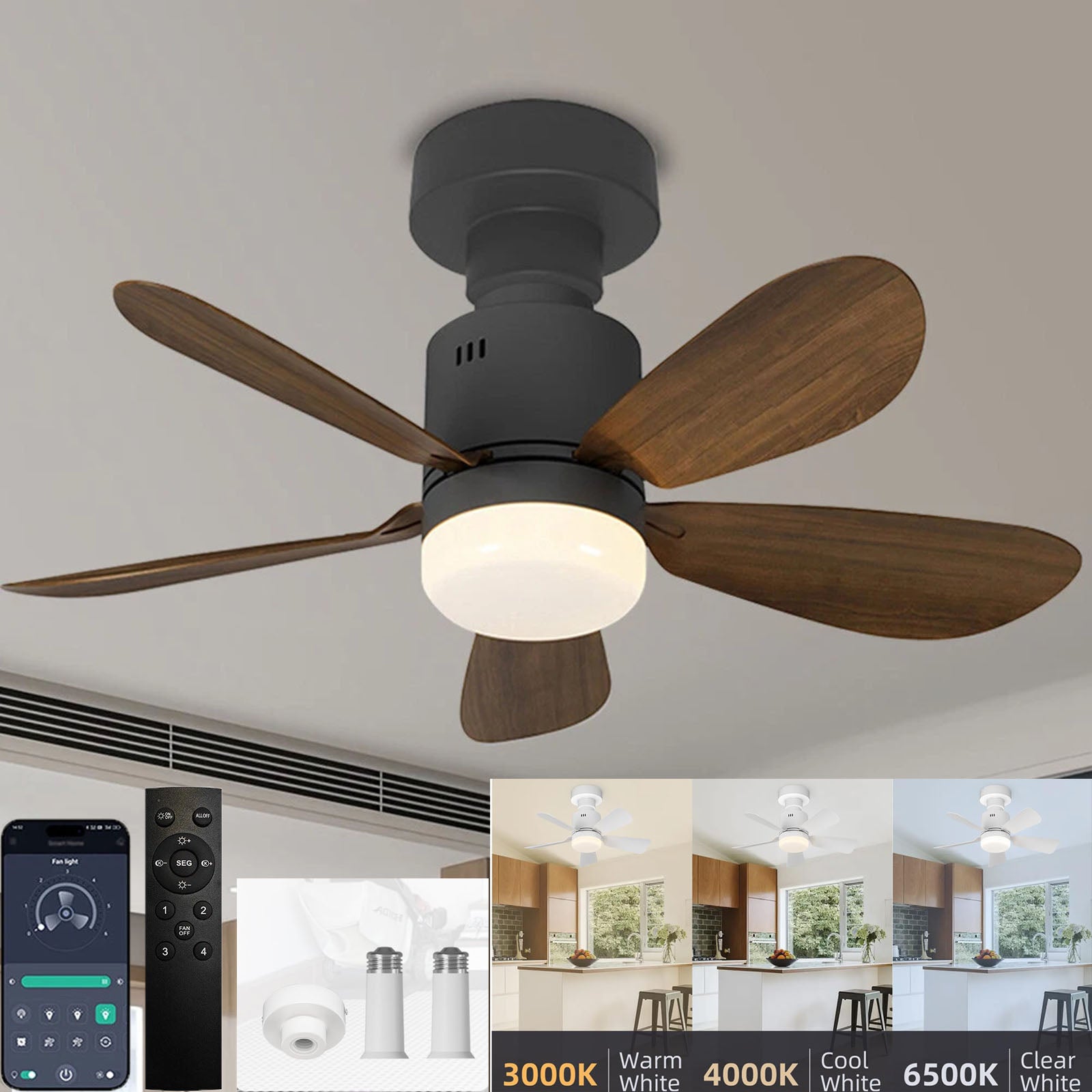 Ventilateur Plafond LED 46 Cm Avec Télécommande - 3 Vitesses, 3 Couleurs Lumière, Minuterie, Moteur Silencieux, Douille E27