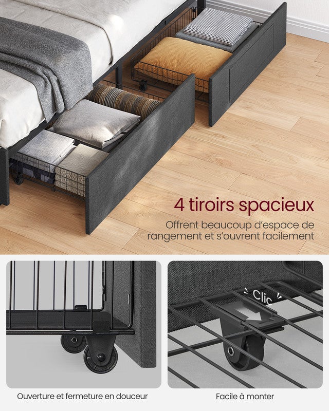 Lit Double, 140 x 190 cm, avec LED, en Métal, 4 Tiroirs, Multiprise, Tête de Lit Rembourrée Ajustable, pas Besoin de Sommier, Gris Ardoise et Noir Mat - 4