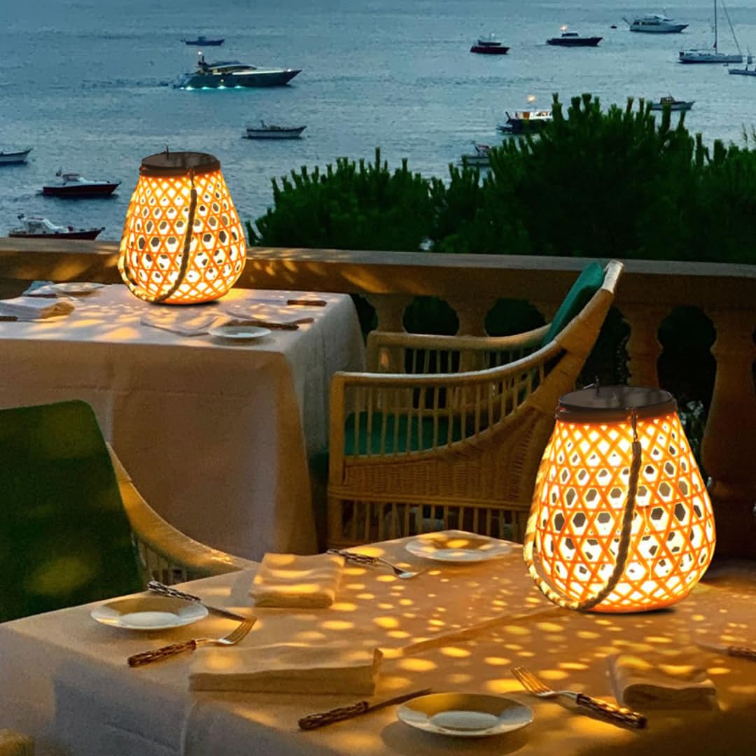 Lanterna Solar Exterior, Luminária Solar com Trama de Bambu Sintético, À Prova de Água IP65, Luz Solar para Jardim, Branco Quente (3500K) - 6