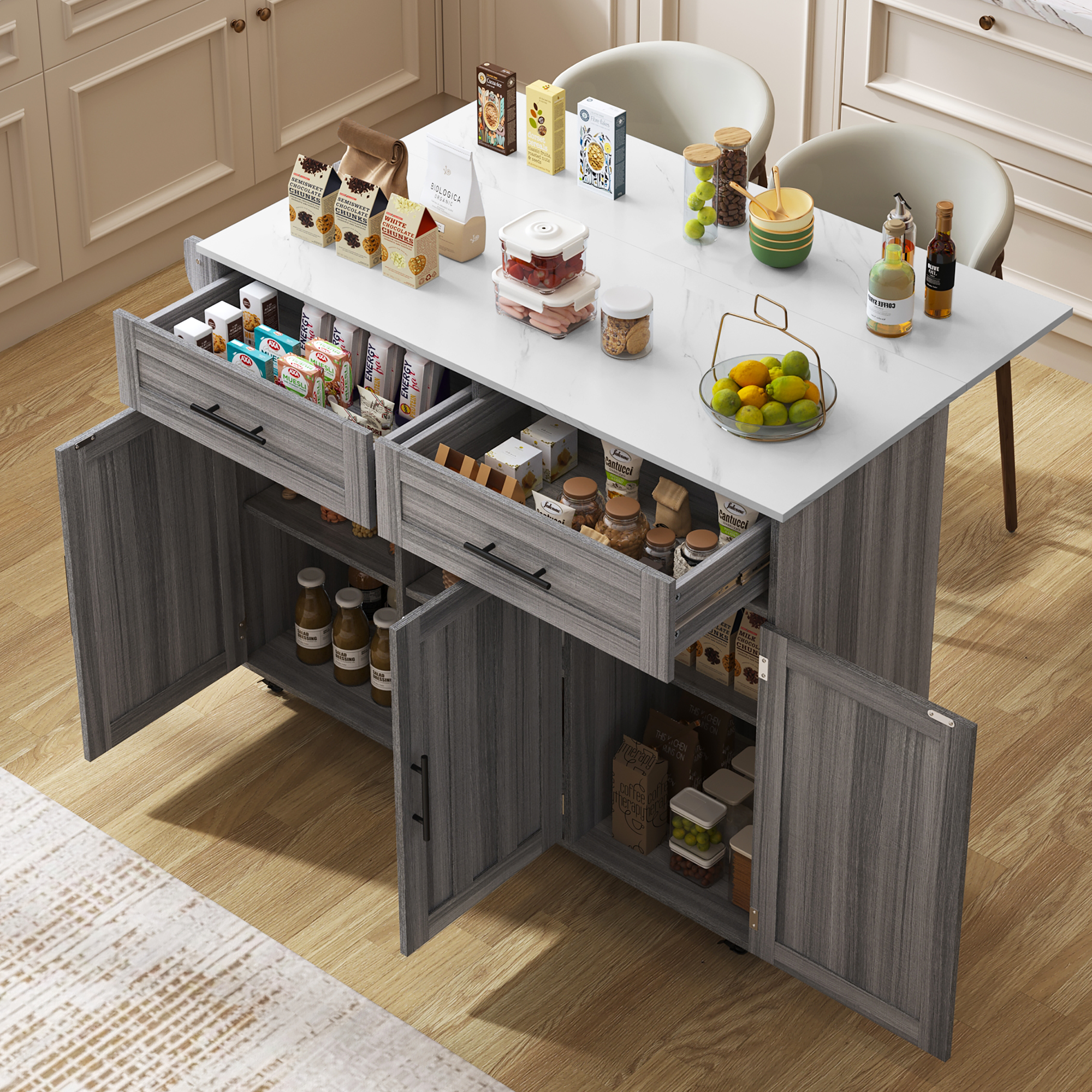 Isla de cocina móvil con 3 puertas y 2 cajones - 139 x 46/71 x 91,5 cm - mdf - tablero extensible - gris caqui