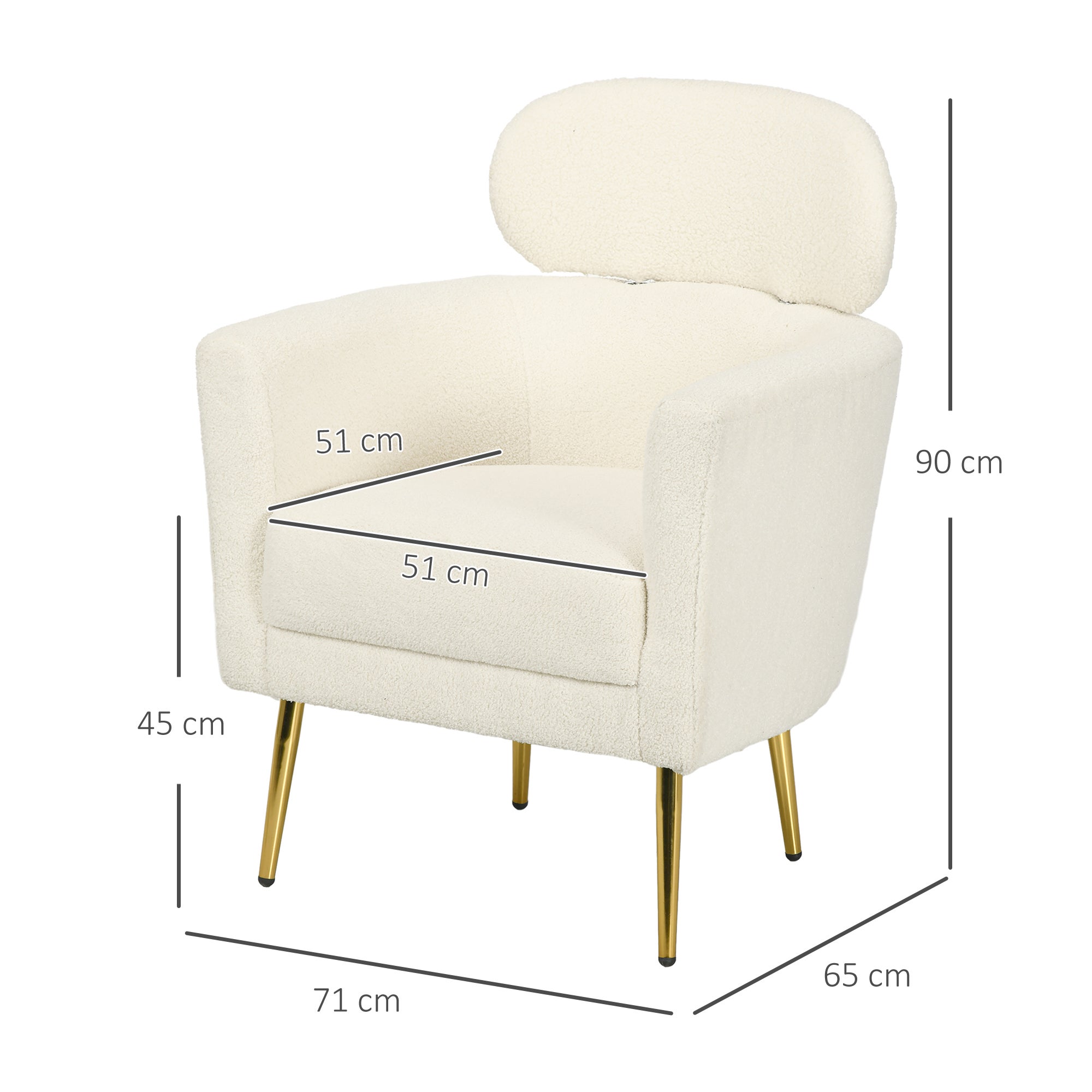 Fauteuil lounge appui-tête amovible peluche pieds métal 71 x 65 x 90 cm crème fauteuil intérieur confortable salon chambre design moderne et doux - 5