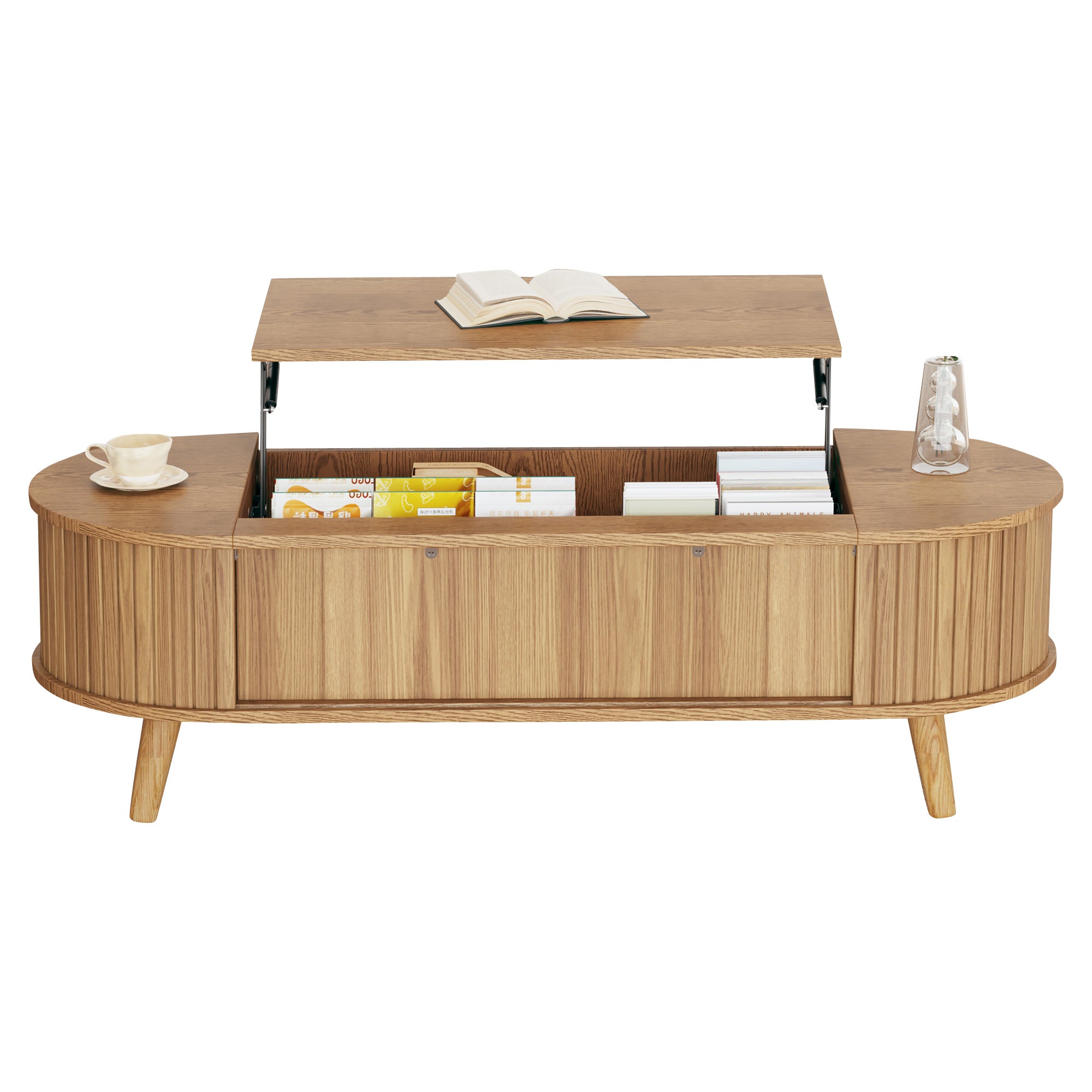 Stolik kawowy z podnoszonym blatem i 4 otwartymi półkami - 120 x 50 x 39,5 cm - MDF - do salonu - Naturalny - 6