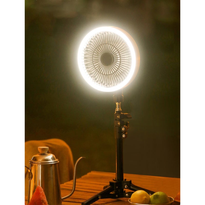 Wentylator Kempingowy Akumulatorowy 10000mAh, Statyw z Baterią z Regulacją Wysokości, Lampa LED 3 Tryby, 3 Prędkości, Hak do Kempingu/Podróży/Biura