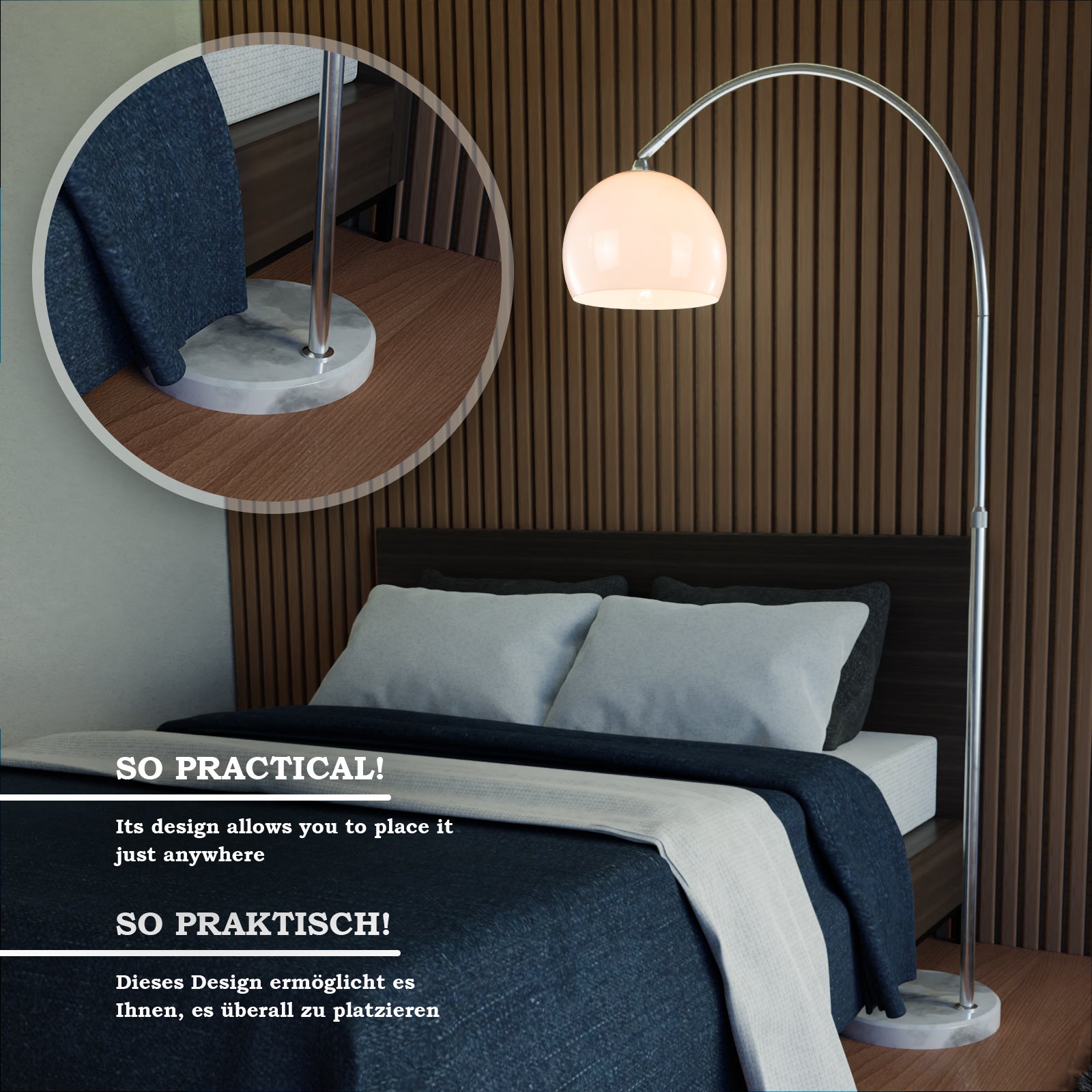 Lampe Arc - Hauteur réglable (145-220 cm), abat-jour rotatif, base ronde en marbre, E27, max. 60 W, ou LED - 3