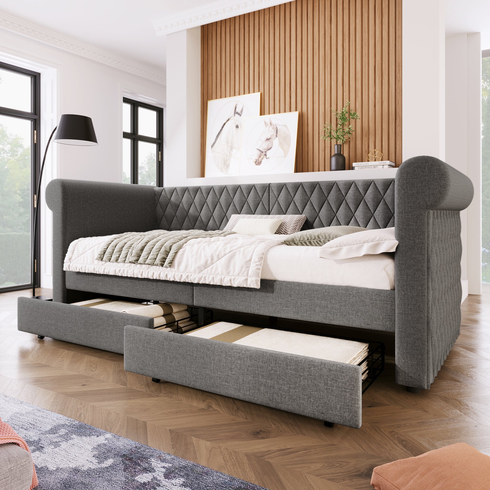 Divano letto con cassetti in tessuto di lino 90x200 cm con