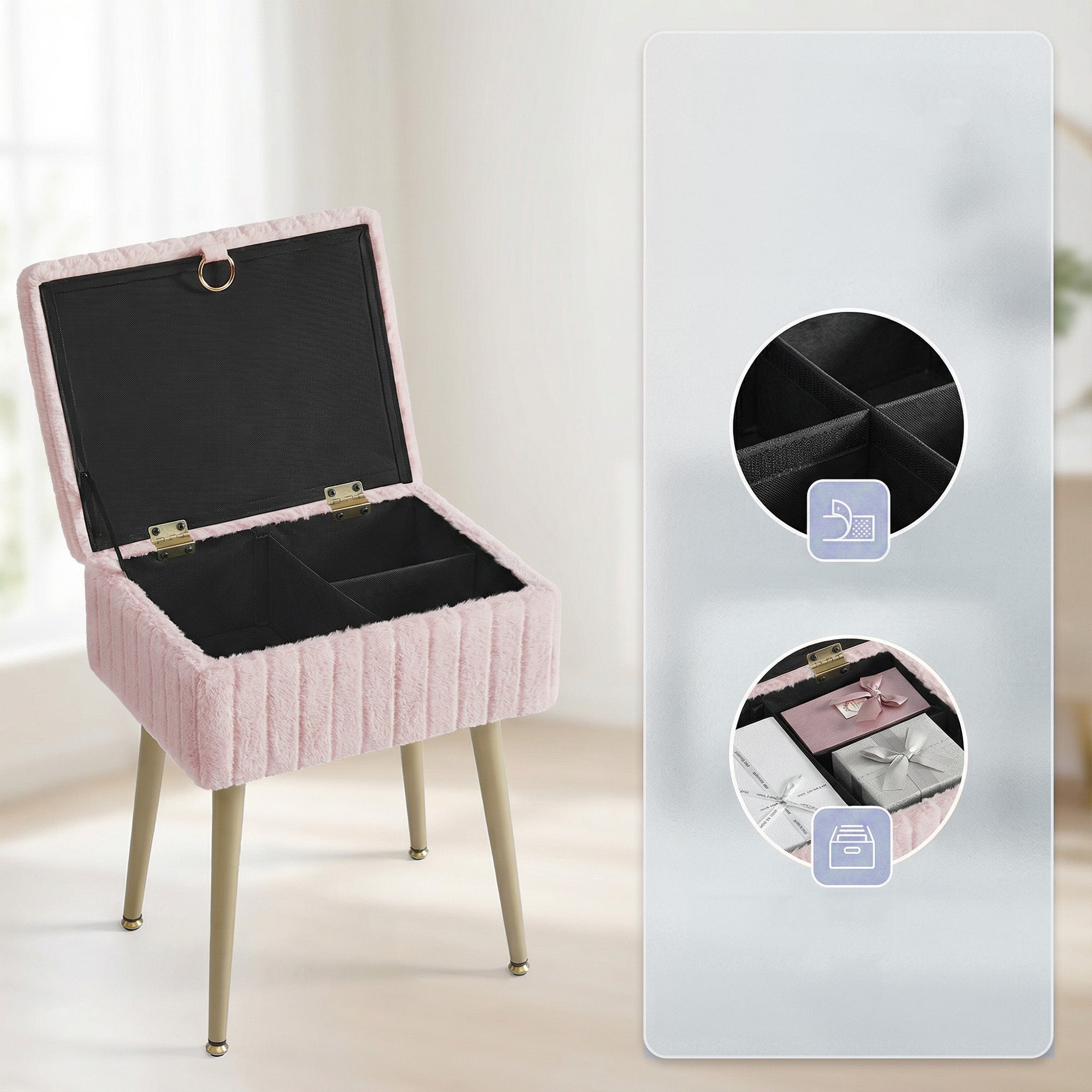 Tabouret de Coiffeuse, Rembourré avec Rangement, Tabouret Réglable en Métal, pour Chambre ou Salon, Rose - 5