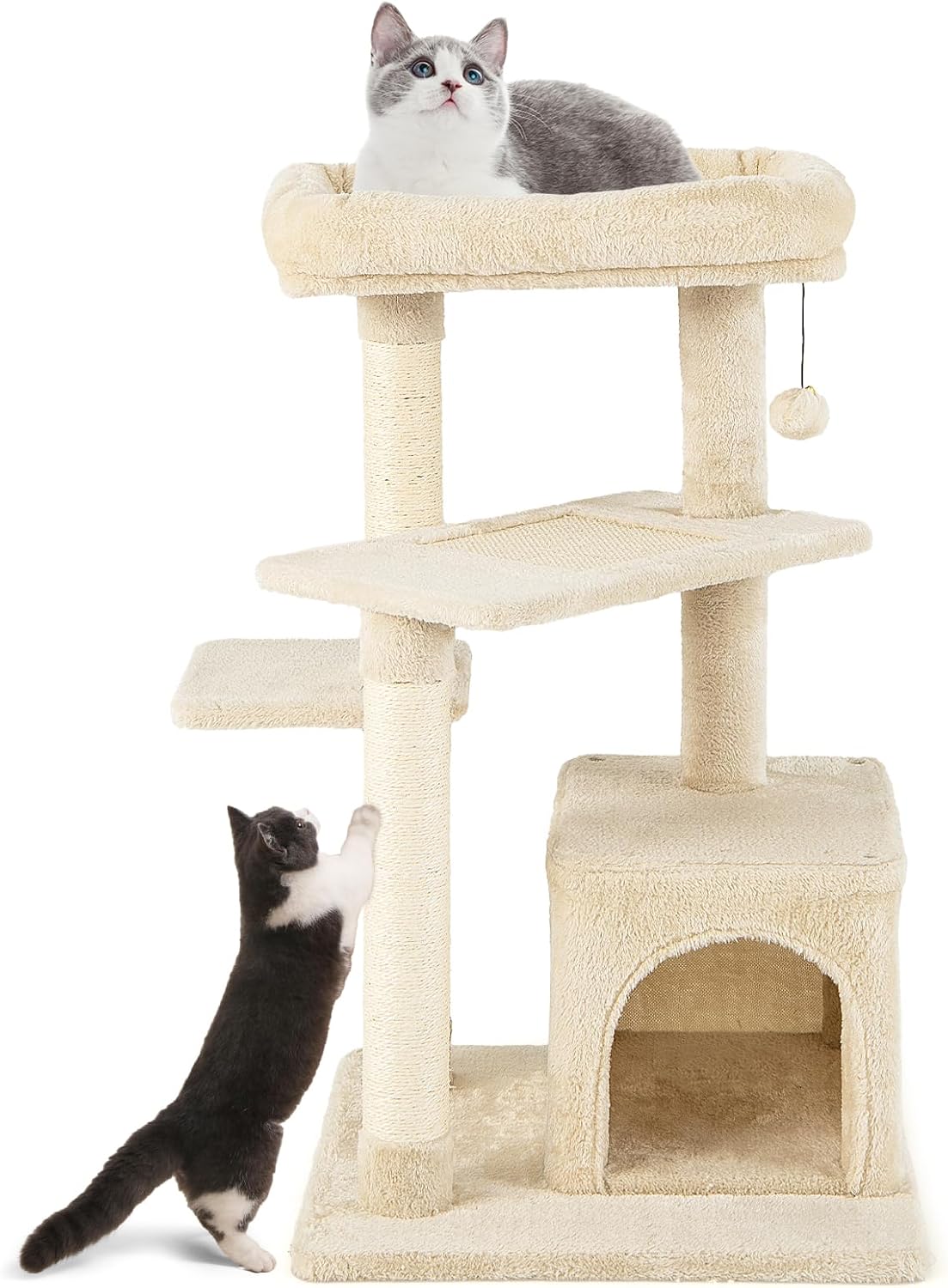 Copăcel pentru pisici de 85 cm, copac pentru pisici din lemn 4 niveluri, 3 stâlpi zgâriat sisal, 3 platforme, casă, turn, 63x56,5x85 cm, bej