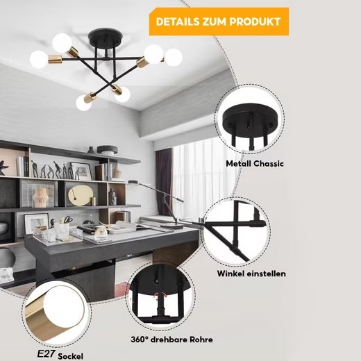 Luminária de Teto Design Minimalista Preto e Dourado em Ferro Forjado para Quarto, 70cm, E27 - Luminária Moderna, Iluminação Suave, Durável - 7