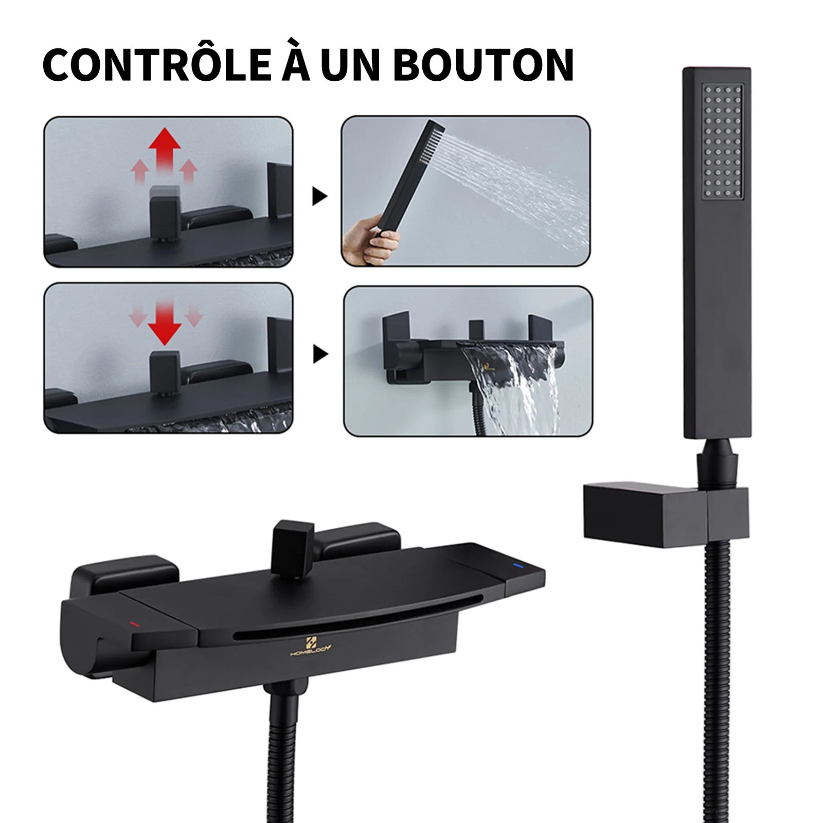 Mitigeur de Baignoire Cascade en Laiton Noir Mat - Robinet Mural Économiseur d'Eau avec Grand Sortie d'Eau, Douchette à Main et Flexible - 3