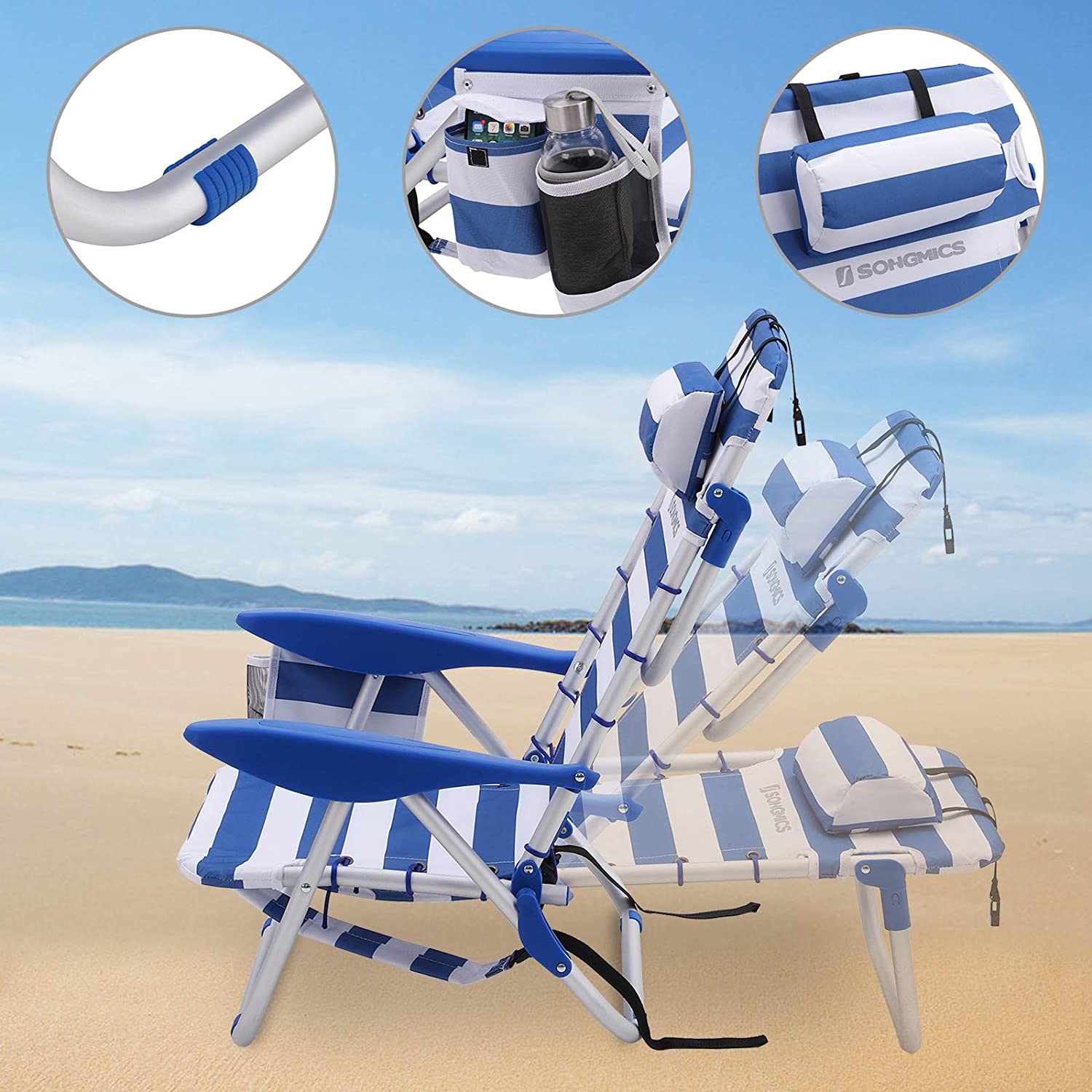 Chaise de Plage Portable,Pliable, Dossier Inclinable jusqu'à 180°, Rayures Bleu et Blanches - 4