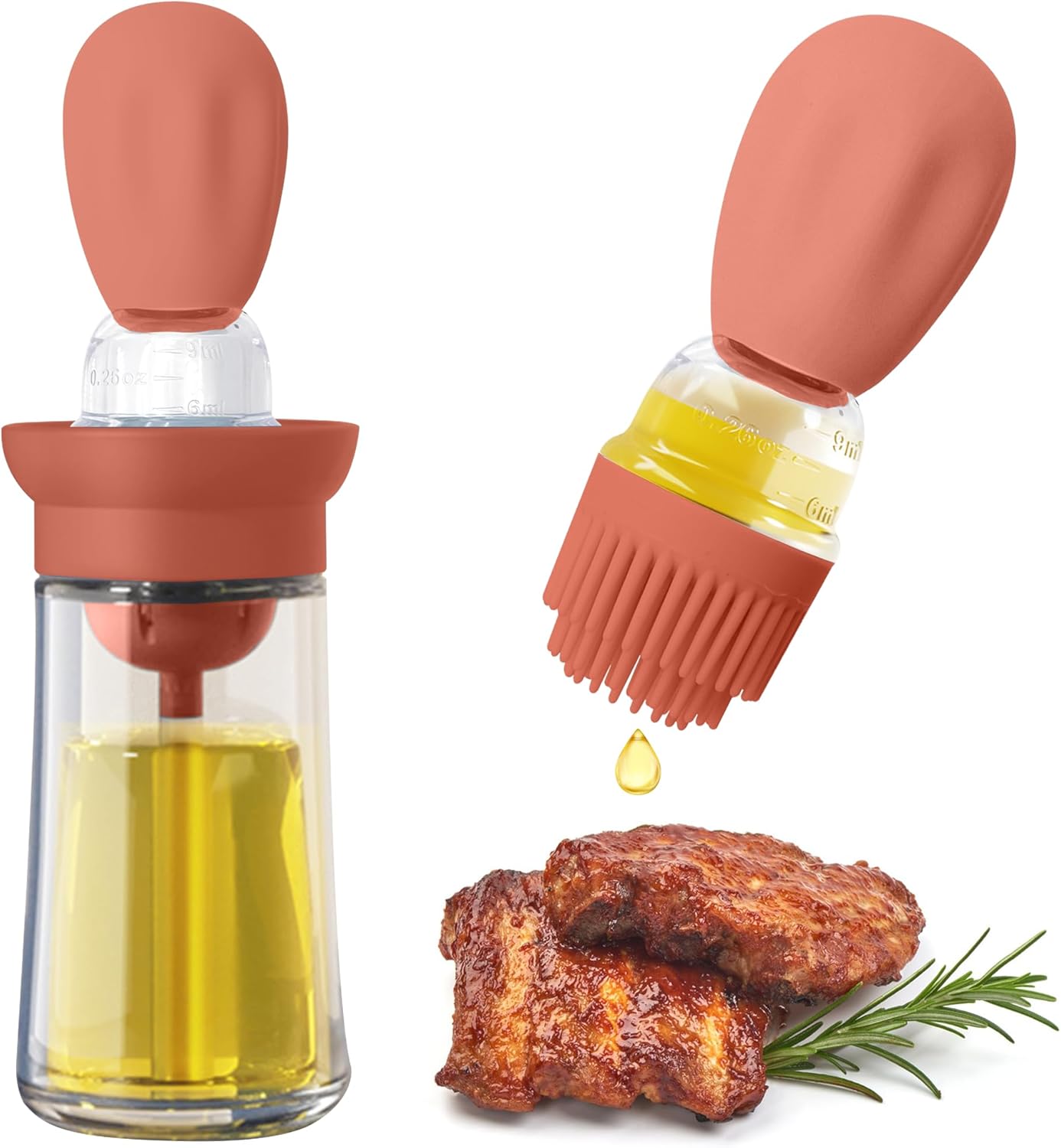 Dozownik oleju 2 w 1, 180 ml, szklany, z silikonową szczoteczką w kolorze Bordeaux, z miarką do grilla i piekarnika