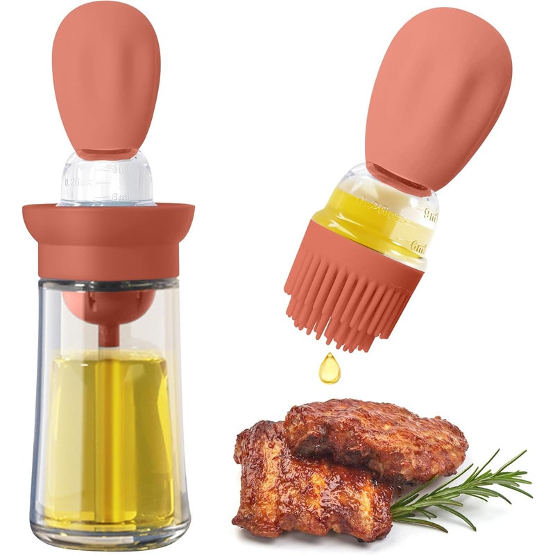 Dozownik oleju 2 w 1, 180 ml, szklany, z silikonową szczoteczką w kolorze Bordeaux, z miarką do grilla i piekarnika