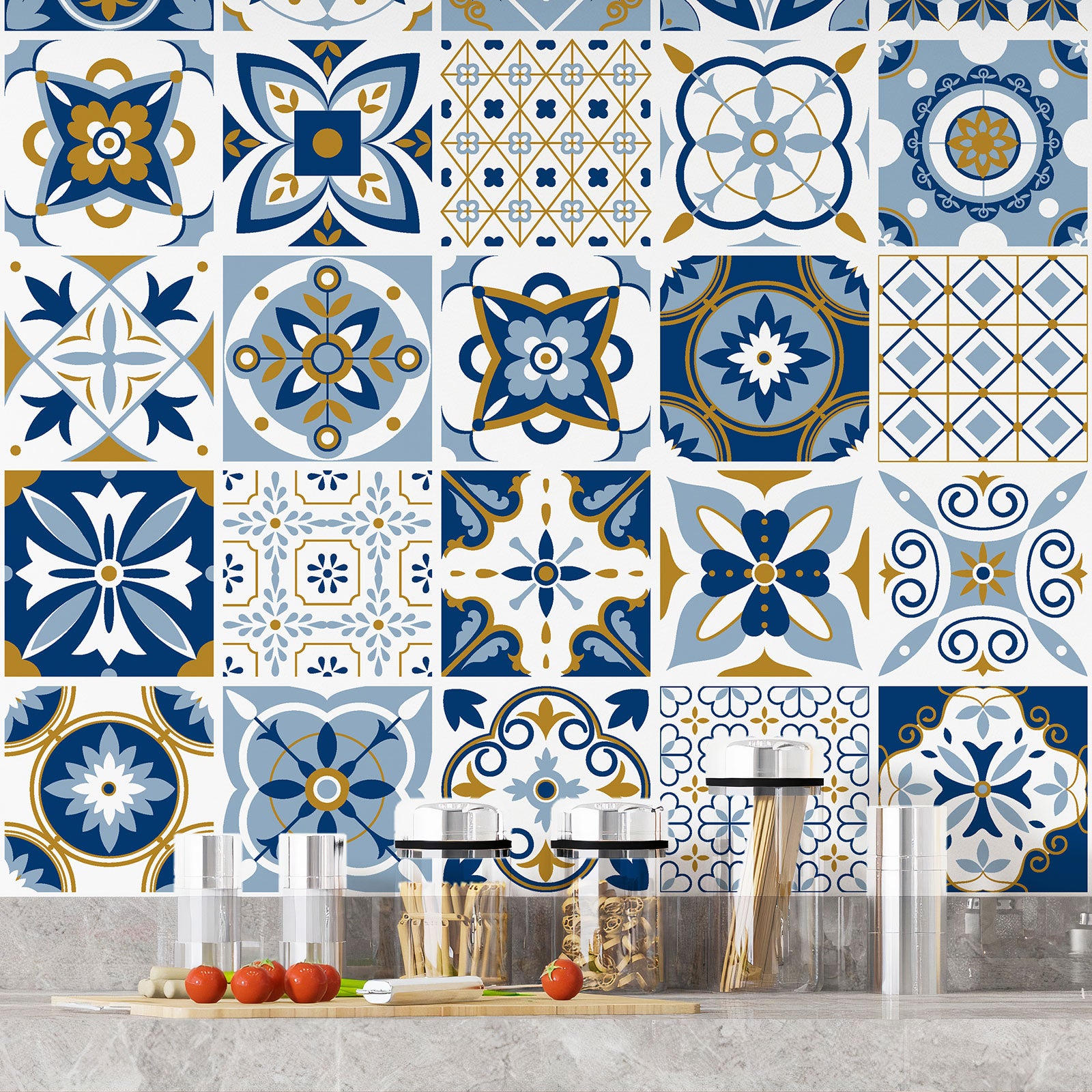 Crédence adhésive sticker décoratif pour cuisine - Effet carreaux de ciment - Adhésif BRILLANT - 50x50 cm - 4
