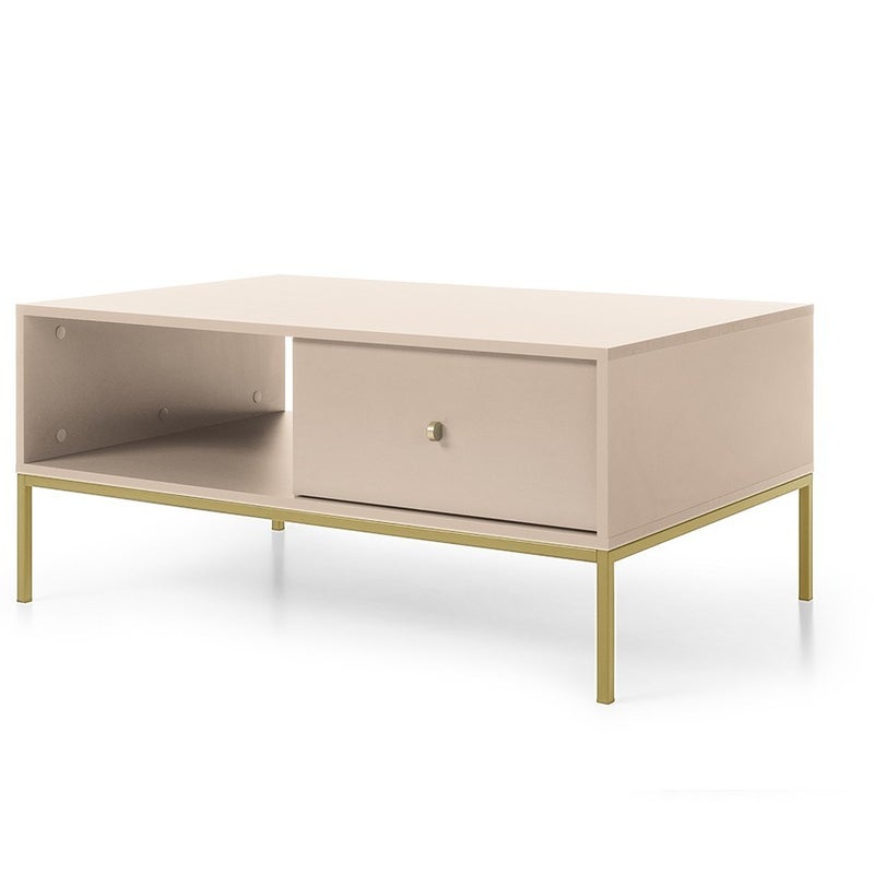 Stolik kawowy MOLLY 104 cm beżowy złoty stelaż dwie szuflady