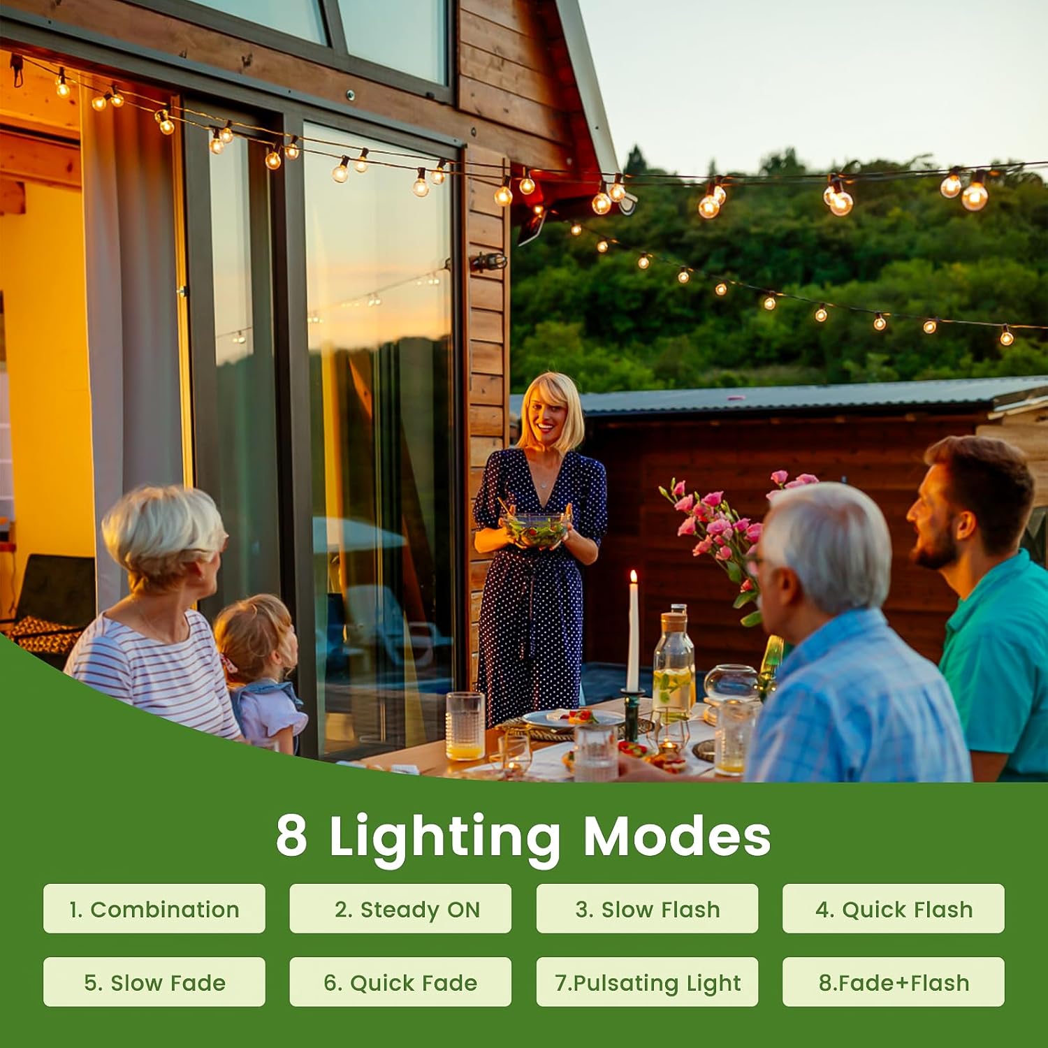 Kit di luci a LED solare da 10 m - 20 LED G40 - Bianco caldo 2700 K - Telecomando + Timer - Per pergola, eventi all'aperto - 4