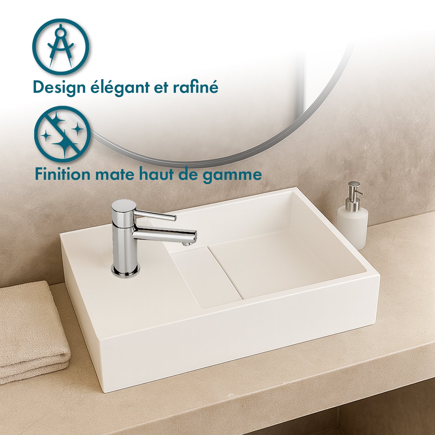 Lave-mains suspendu blanc mat MANITA G - Lavabo rectangulaire en Solid surface 35cm - 5