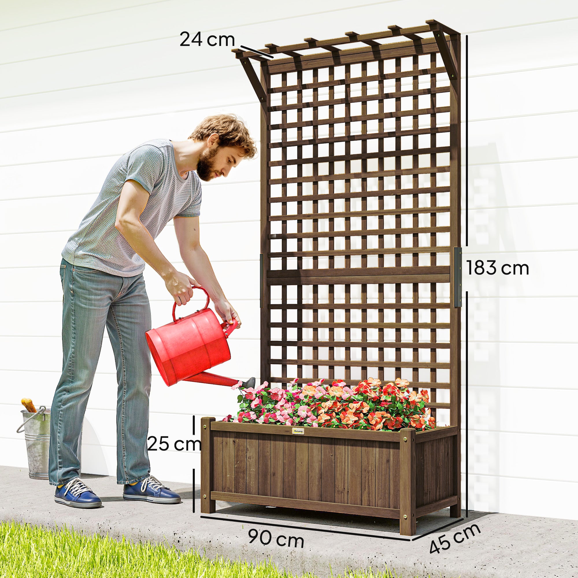 Outsunny Fioriera da Giardino con Traliccio per Piante Rampicanti in Legno di Abete, 90x45x183 cm, Marrone - 3