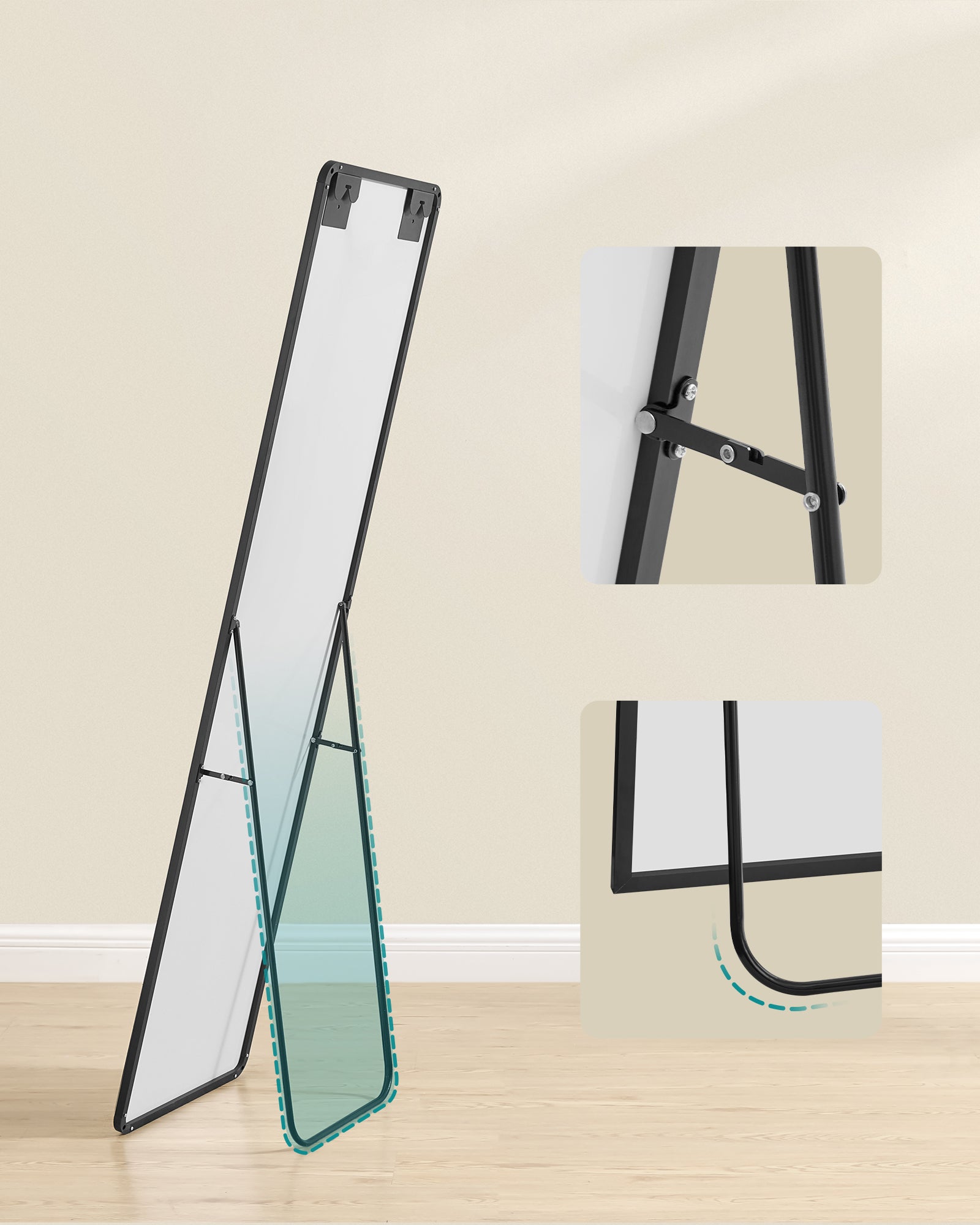 Specchio a Figura Intera 150 x 40 cm, da Terra Rettangolare con Supporto, Cornice in Alluminio, Vetro Temperato, Nero - 4