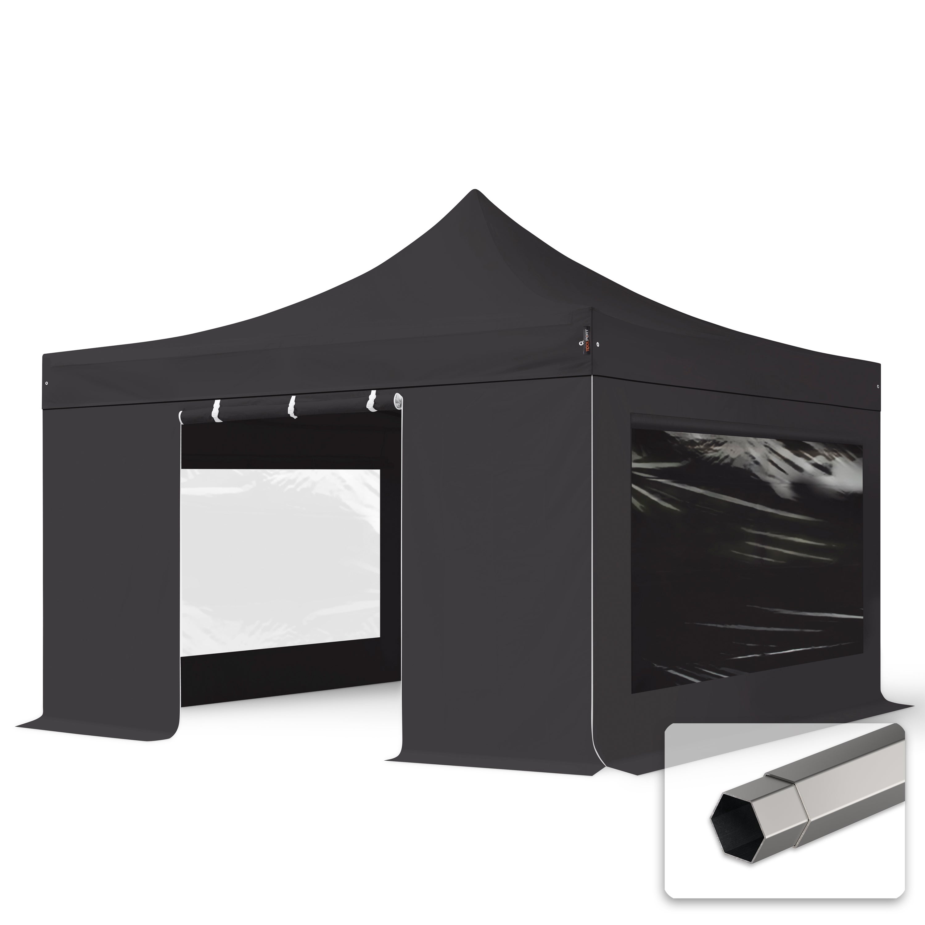 4x4 m Namiot Ekspresowy, PREMIUM Stal 40mm, trudnopalny, ze ścianami bocznymi, okna panoramiczne, czarny
