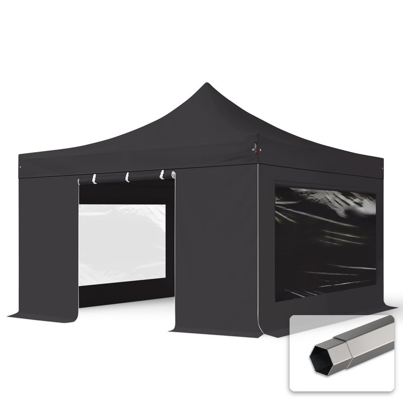 4x4 m Namiot Ekspresowy, PREMIUM Stal 40mm, trudnopalny, ze ścianami bocznymi, okna panoramiczne, czarny